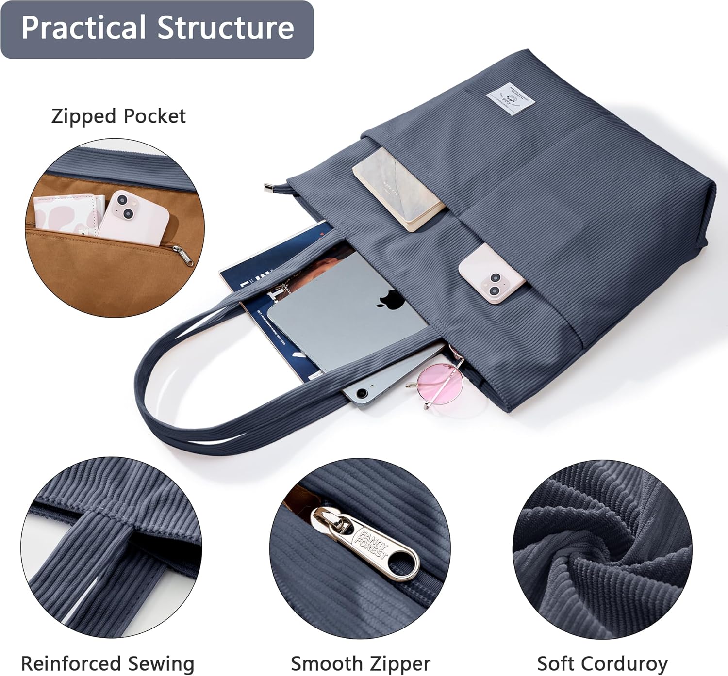 KALIDI Women Corduroy Tote Bag Zipper Casual Tote's Handbag Big Capacity Shoulder Bag with Pockets - Image 5