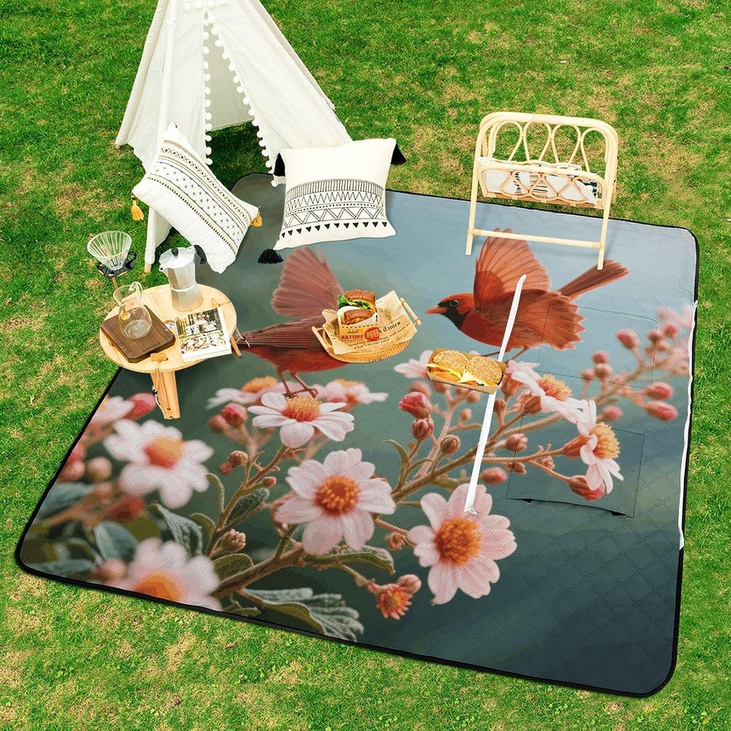 Red Bird Butterfly Flowers Picnic Blanket 150x150cm, Foldable 2-in-1 Picnic Mat and Tote Bag Portable Waterproof Beach Mat Sandproof Outdoor Blanket for Park, Hiking, Beach, Camping, Travel