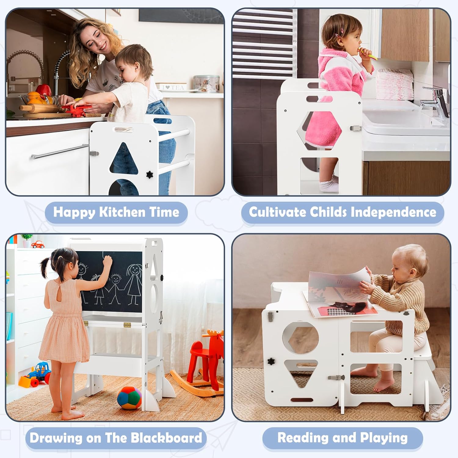 4 in-1 Toddler Kitchen Step Stool, Foldable Learning Standing Tower with Blackboard, Wooden Kitchen Stool Helper for Kids, 1-3 Year Old Boy Girl Gifts - White