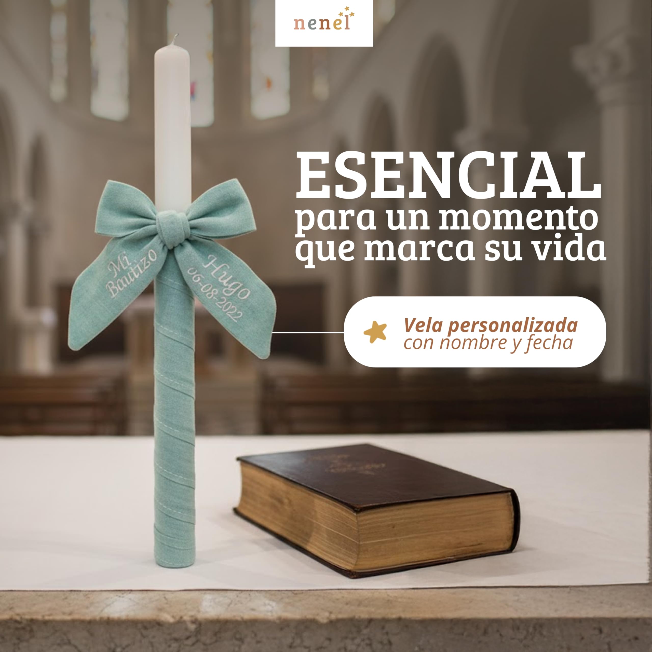 Vela para Bautizo personalizada - Vela Bautismal Personalizable con nombre y fecha – Cirio sacramental decorado - Cirio de Bautizo - Modelo Bambula – Nenel (Verde Menta)