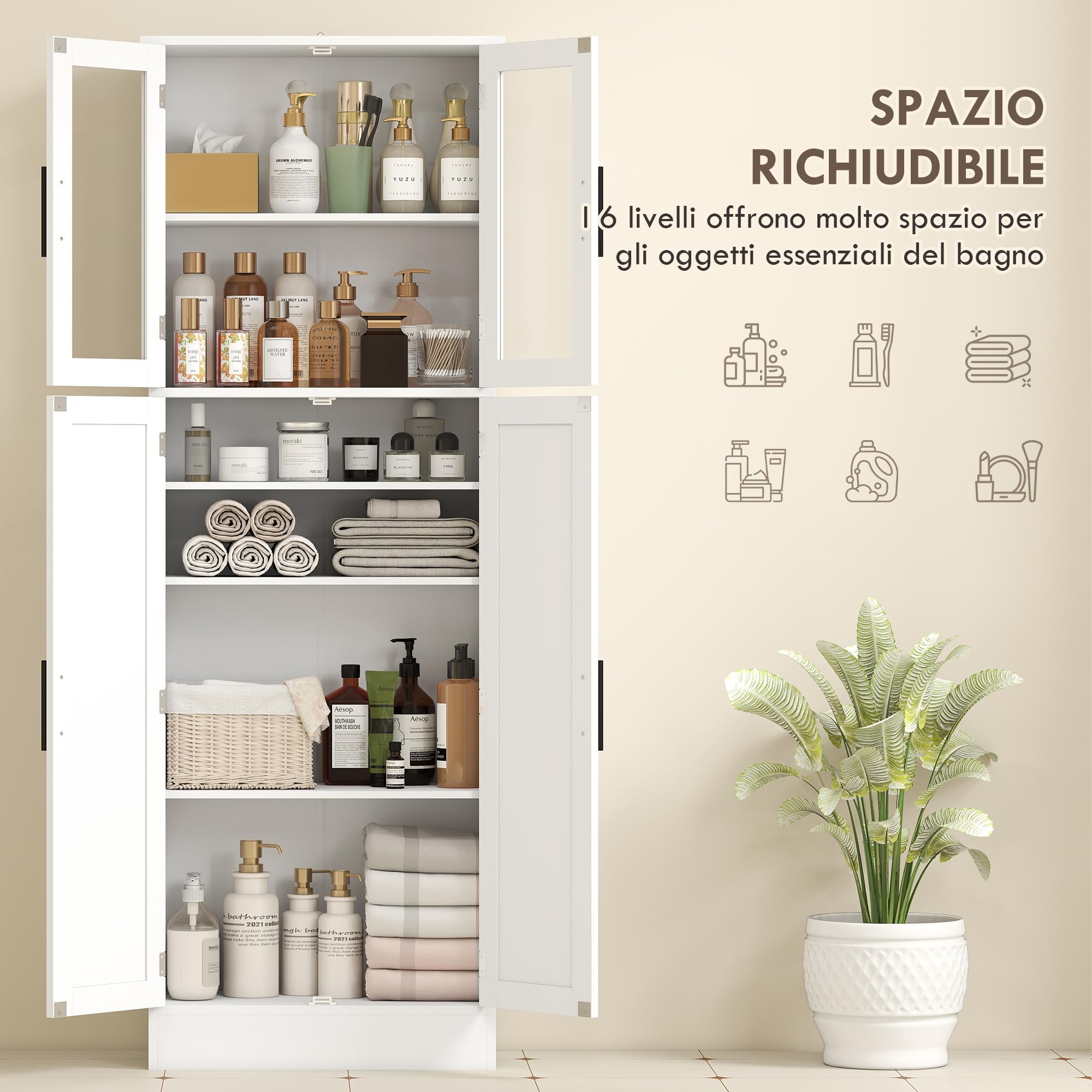 HOMCOM Mobile Bagno Alto con Ante in Vetro e 2 Armadietti, Mobiletto Bagno Salvaspazio con Ripiani Regolabili, Armadio da Terra per Sala da Pranzo Salotto Soggiorno Cucina, 60x30x170 cm, Bianco