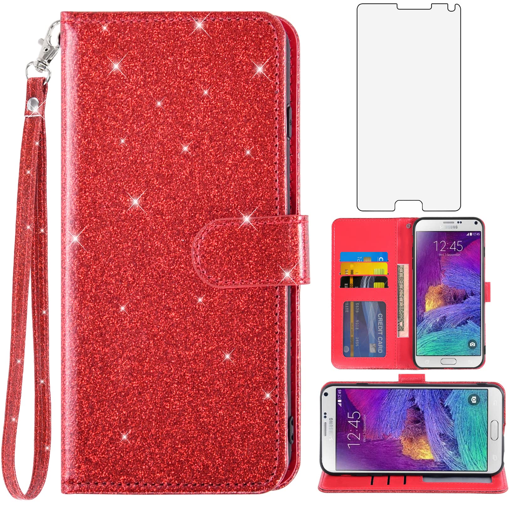 Asuwish Phone Case for Samsung Galaxy Note 4 with Tempered Glass Screen Protector and Glitter Wallet Cover Card Holder Slot Stand Cell Flip Glaxay Note4 Gaxaly N910A Not Notes Four SM Women Men Red
