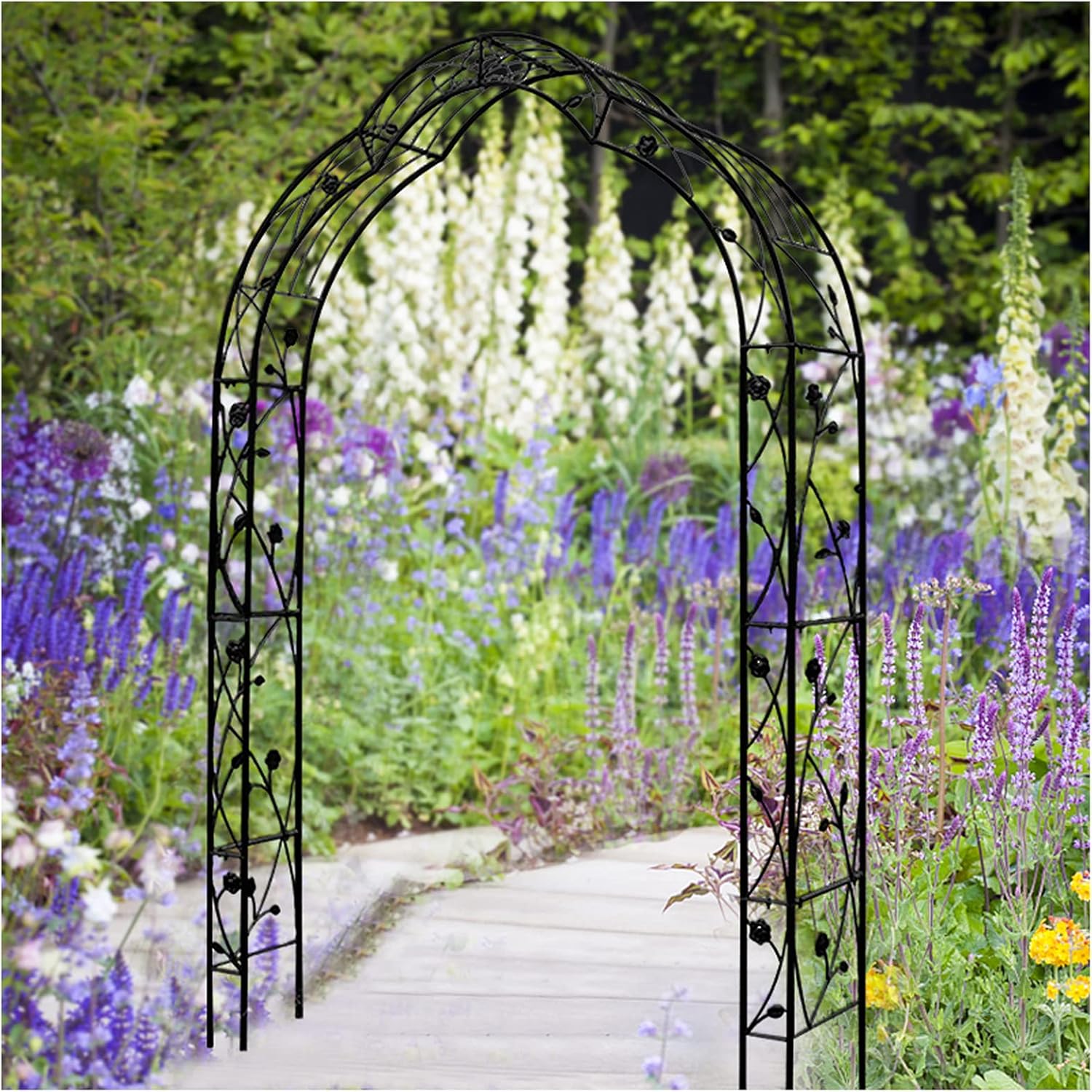 Metal Garden Arch Heavy Duty Iron Arbor Trellis Arbor Archway, Easy to Assemble & Stable Structure, Outdoor Archway with Trellis Wall for Climbing & Hanging Plants, Ceremony Decoration,59×15.3×98.4in