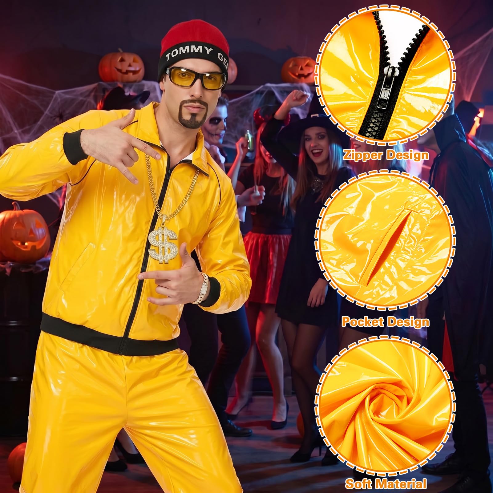 Disfraz de los años 90 para adultos, conjunto de concha amarilla de los años 80 y 90, disfraz de Ali G, divertido traje de rapero con collar, gafas y barba, juego de 6 piezas para fiesta de