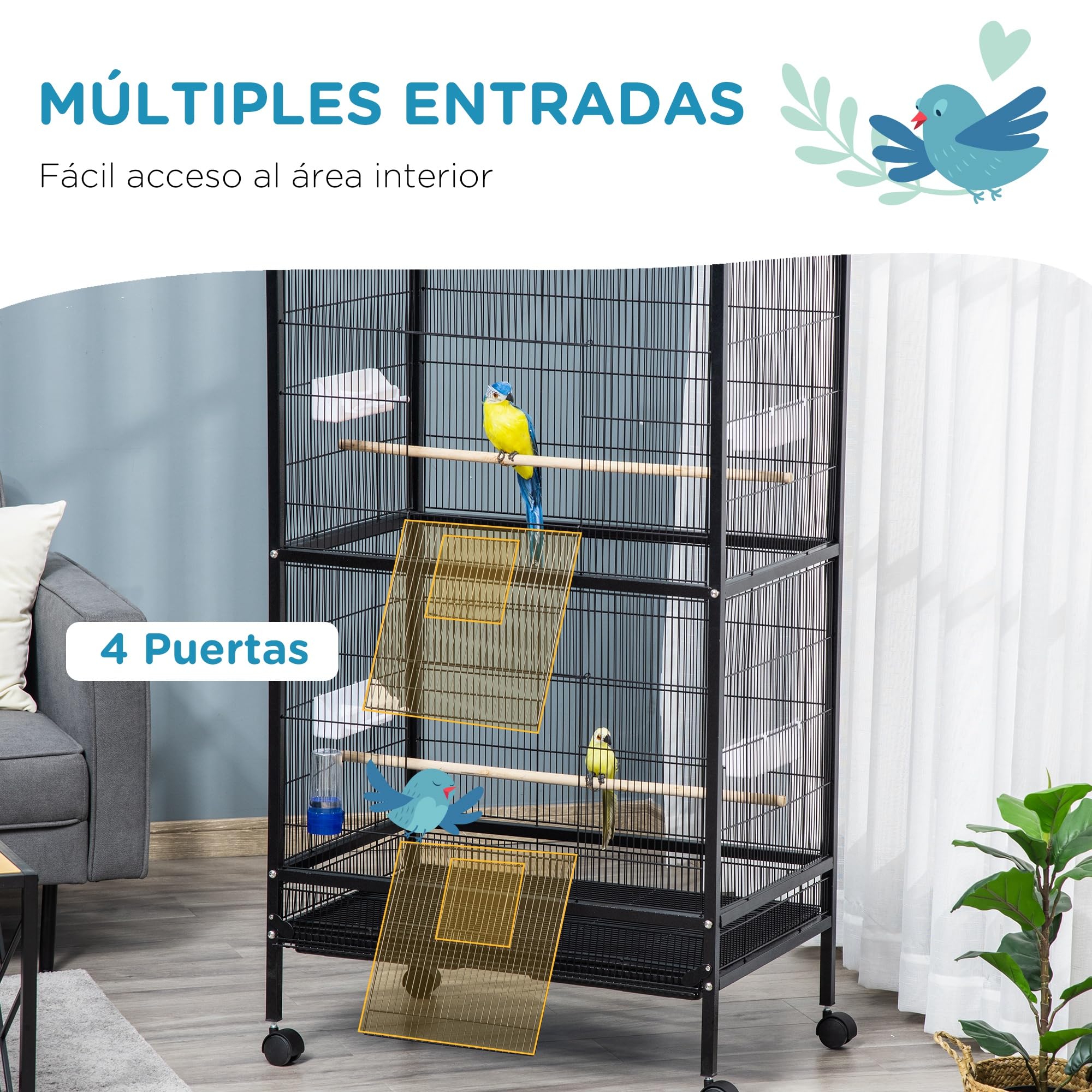 PawHut Jaula para Pájaros Pajarera con 4 Ruedas 4 Puertas 4 Comederos 2 Perchas Bandeja y Bebedero para Loros Canarios Periquitos 79x52x137 cm Negro
