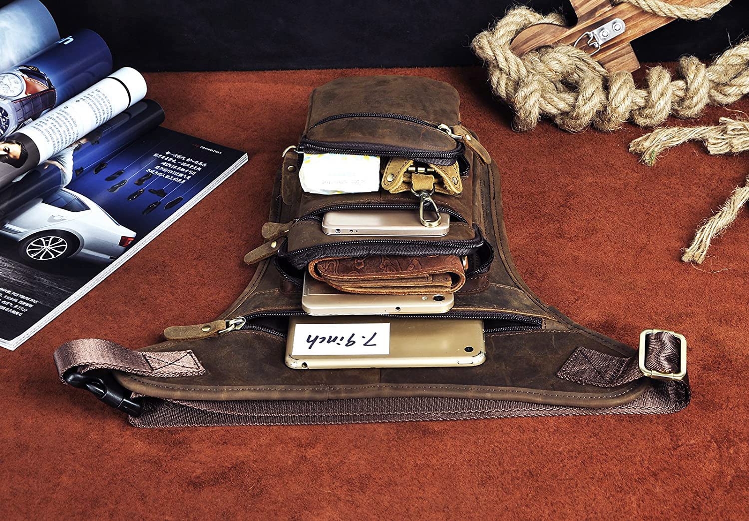 Le'aokuu Cintura tattica da moto in vera pelle da uomo Marsupio con gamba a goccia Borsa incrociata 3111