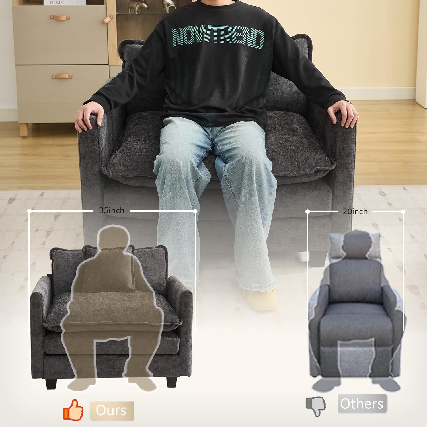 41'' Modern Chenille Oversized Chair, Upholstered Accent Living Room Chair with Extra Thicked Deep Seat, Single Lounge Chair for Bedroom, Small Apartment, Dark Grey