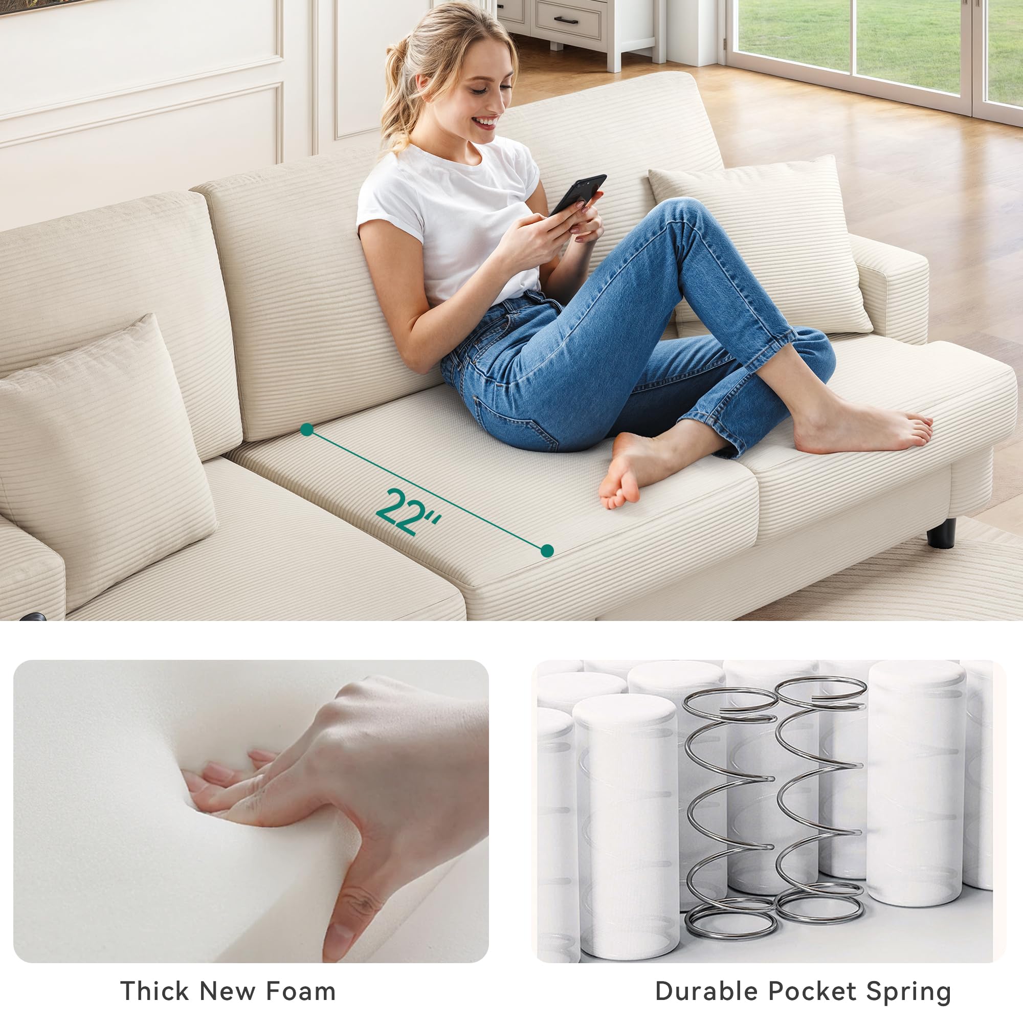 YITAHOME 88" 3-Seater Cloud Couch - Extra Deep Corduroy Sofa With USB & Type-C Ports, Beige