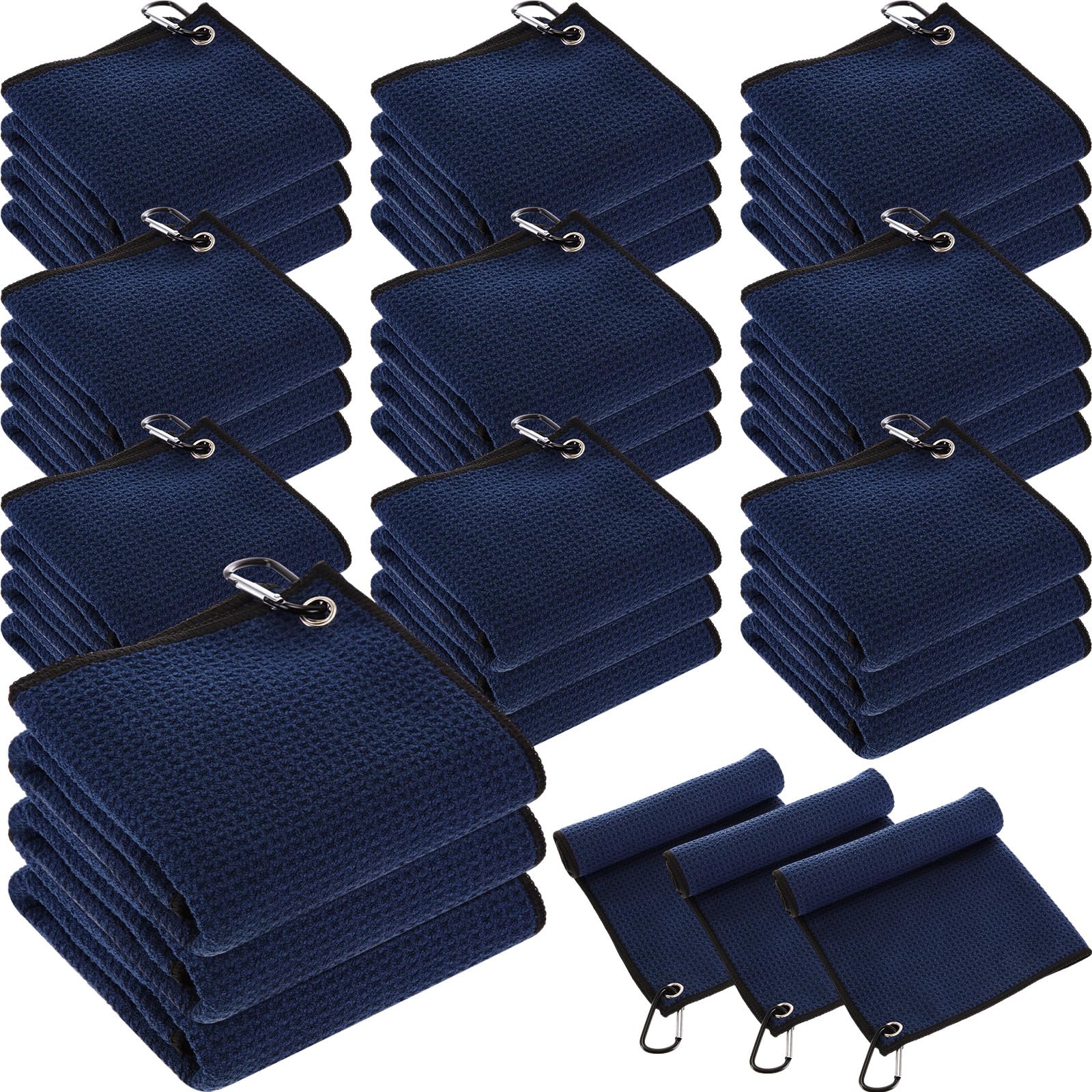 Batiyeer 30 Pcs Golf Towels Bulk for Bags 16'' x 16'' Microfiber Fabric Golf Towel with Clip Waffle Pattern for Men Mini Tournament Fitness Yoga Camping(Navy Blue)