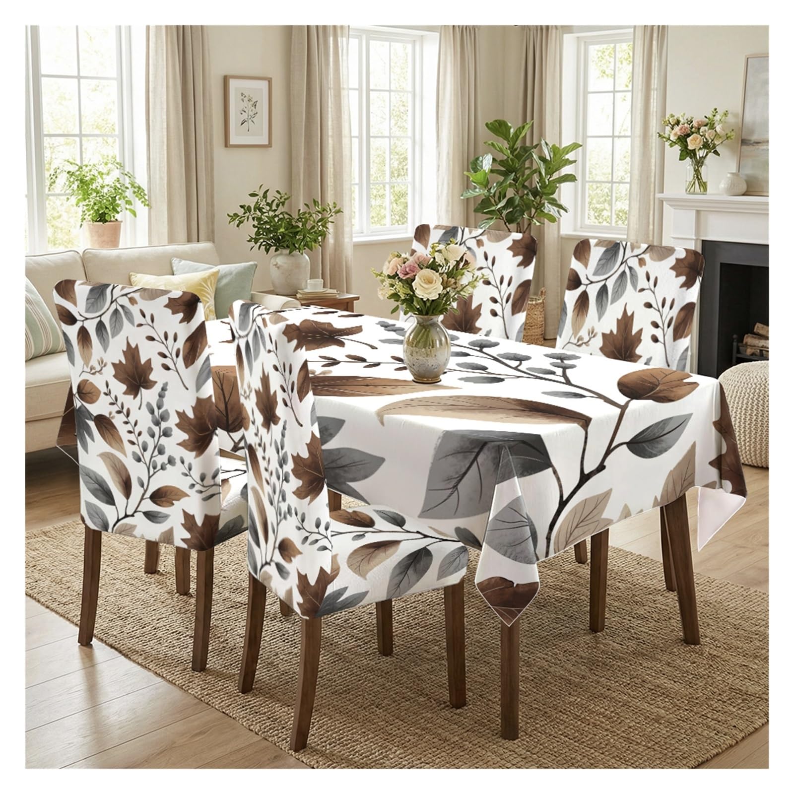 KXUAUV Autumn Maple Leaf Print Stretch Chair Covers & Tablecloth Set, For Kitchen Dining Room Thanksgiving Farmhouse Decor, 5/7 Pack Party Decor(5pcs Set: Tablecloth+Chair Covers)