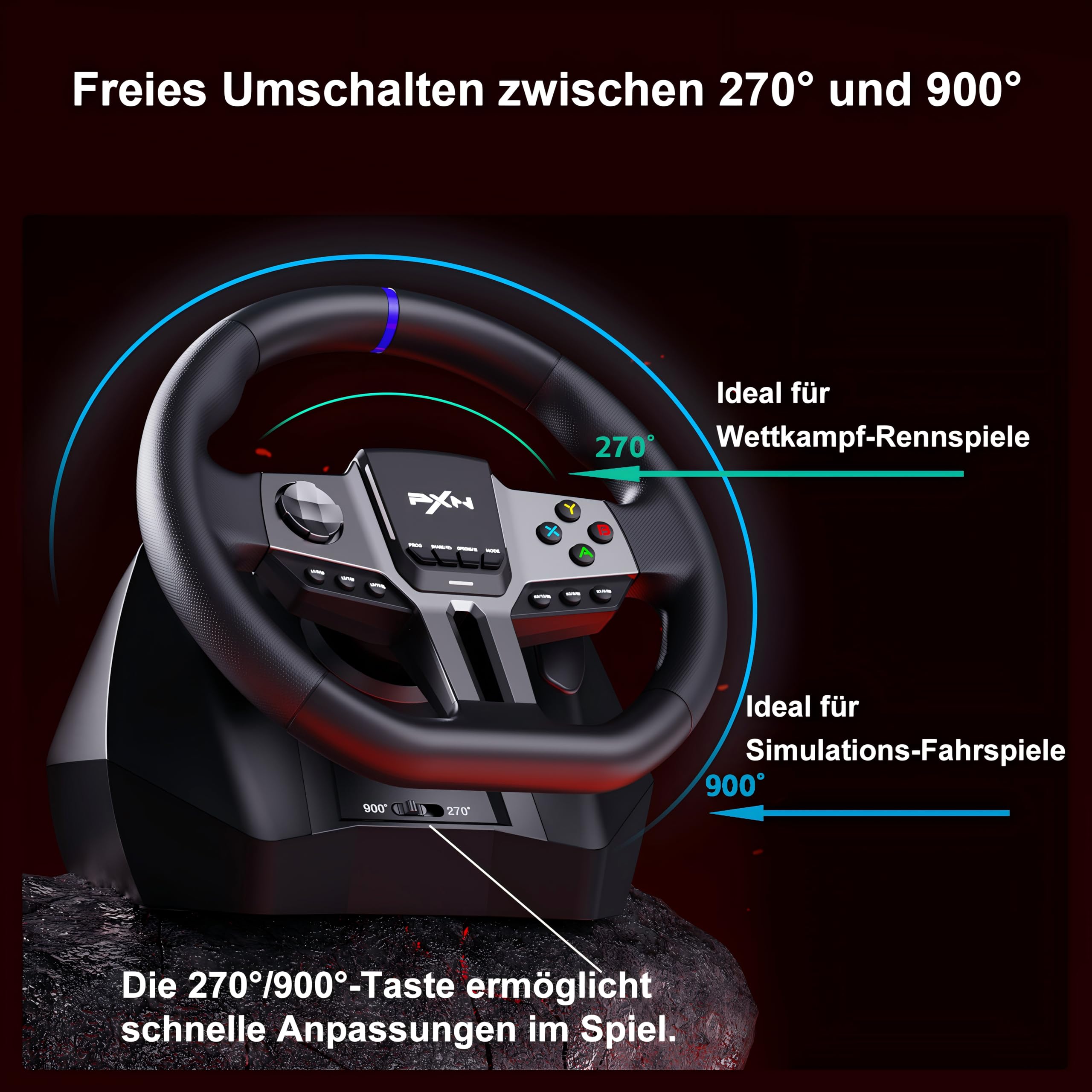 PXN V9 GEN2 Lenkrad PC mit Pedalen und Schaltung, Gaming Lenkrad mit Schaltwippen, Halleffekt-Pedal, 6+R-Schaltung, APP, Lenkrad for PS4, PS3, PC, Xbox Series X/S, Xbox One