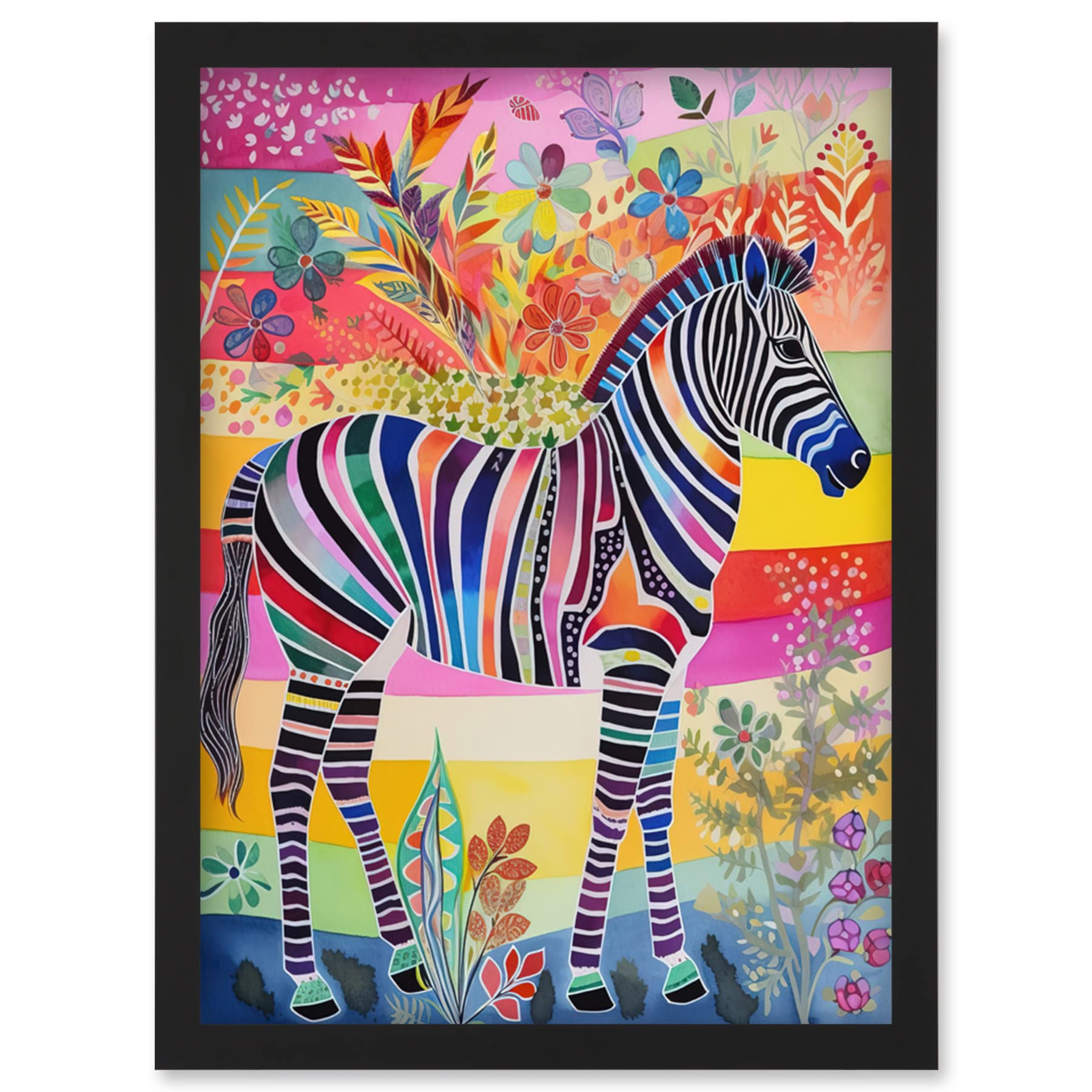 Artery8 Zebra Rainbow Floral Abstract Folk Art Artwork Framed Wall Art Print A4