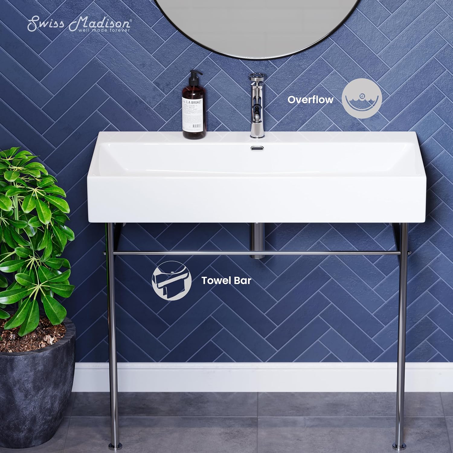 Swiss Madison Well Made Forever SM-CS714, Claire 40" Ceramic Console Sink In Glossy White Basin