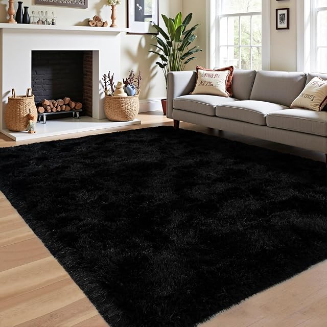 Rugs pour le salon,4x6 Rugs Noir Fluffy pour Chambre,Soft Shag Lavable Coin de lit Jetez le tapis pour les enfants Chambre,Rug nourricière Shaggy non-dérapant