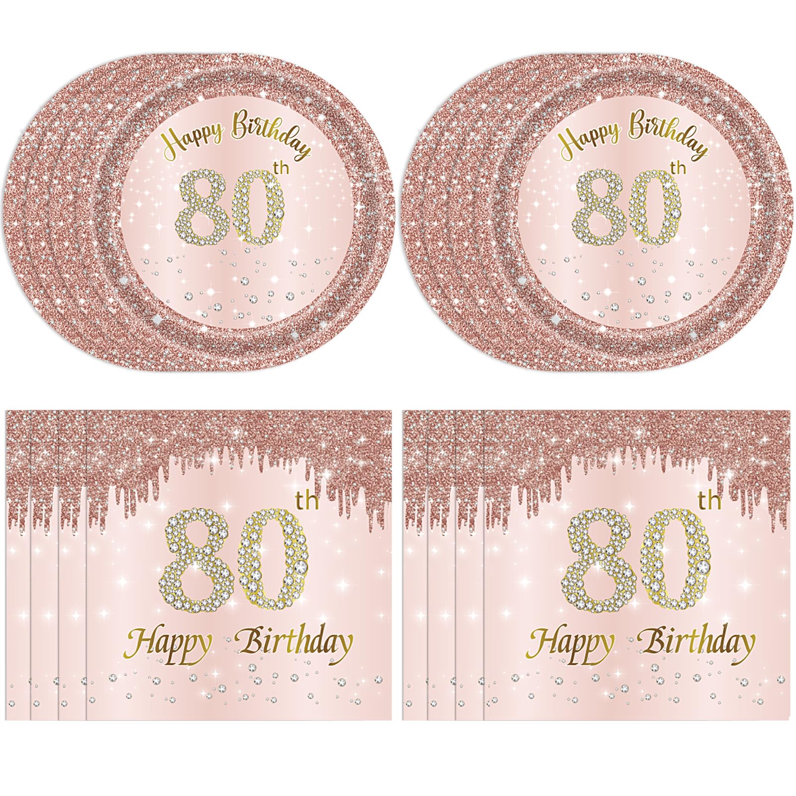 Juhap 80th Birthday Decorations, Rose Gold Birthday Party Supplies Include 20Pcs Plates 20Pcs Napkins Sweet Eighty Year Old Party Tableware for Girl