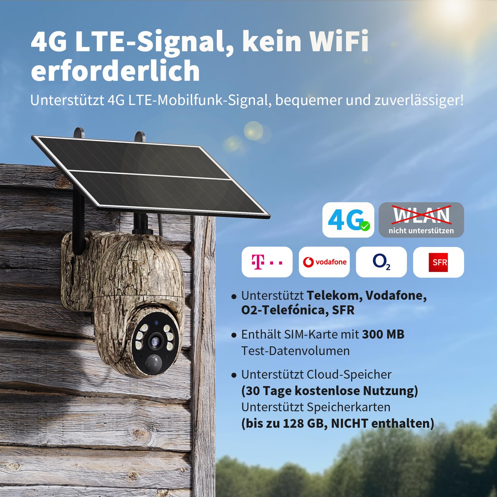 4G LTE Wildkamera mit SIM Karte, 2K Solar Wildtierkamera mit Handyübertragung App, Kabellos Überwachungskamera Aussen Akku mit Farbnachtsicht, PIR-Erkennung, 2-Weg-Audio, IP66 Wasserdicht