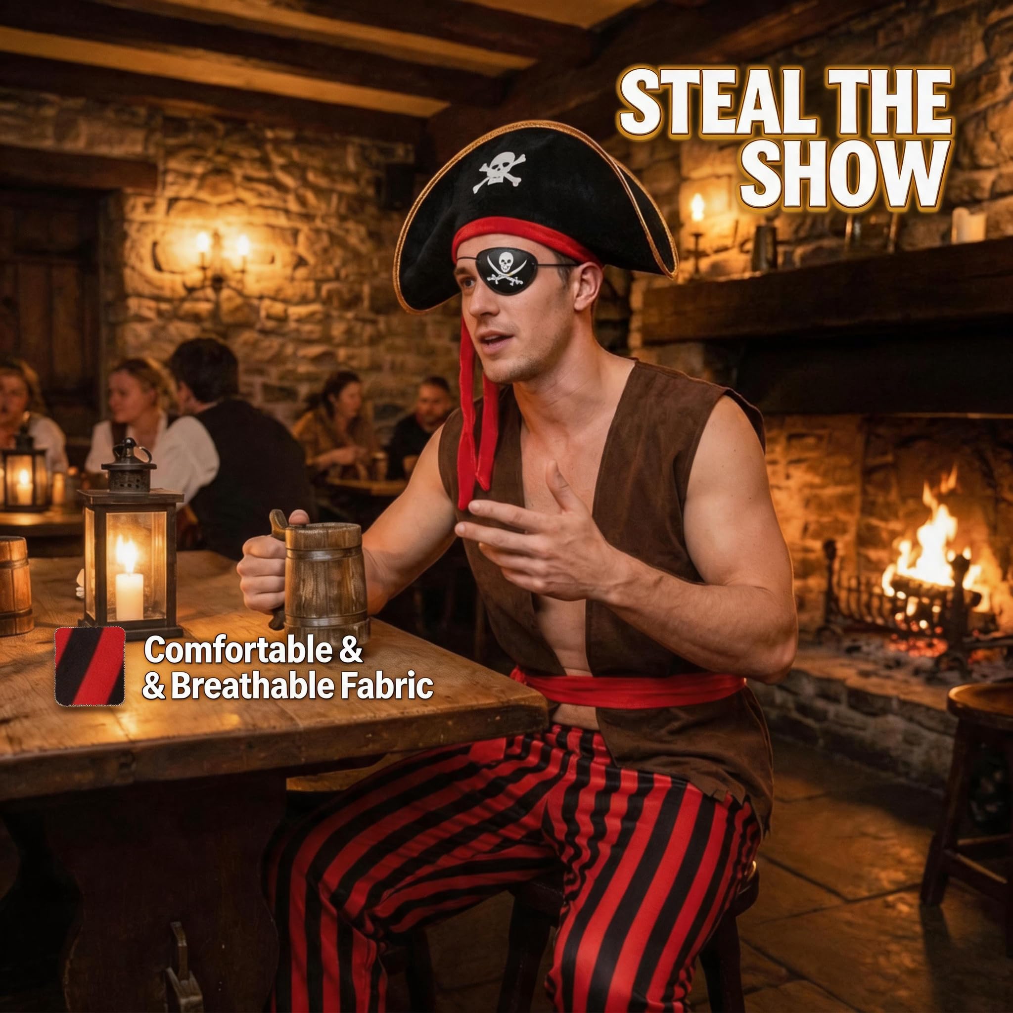 Mprocen Costume da pirata da uomo per adulti, set di pantaloni da pirata, accessori per capelli, costume medievale rinascimentale a tema cosplay