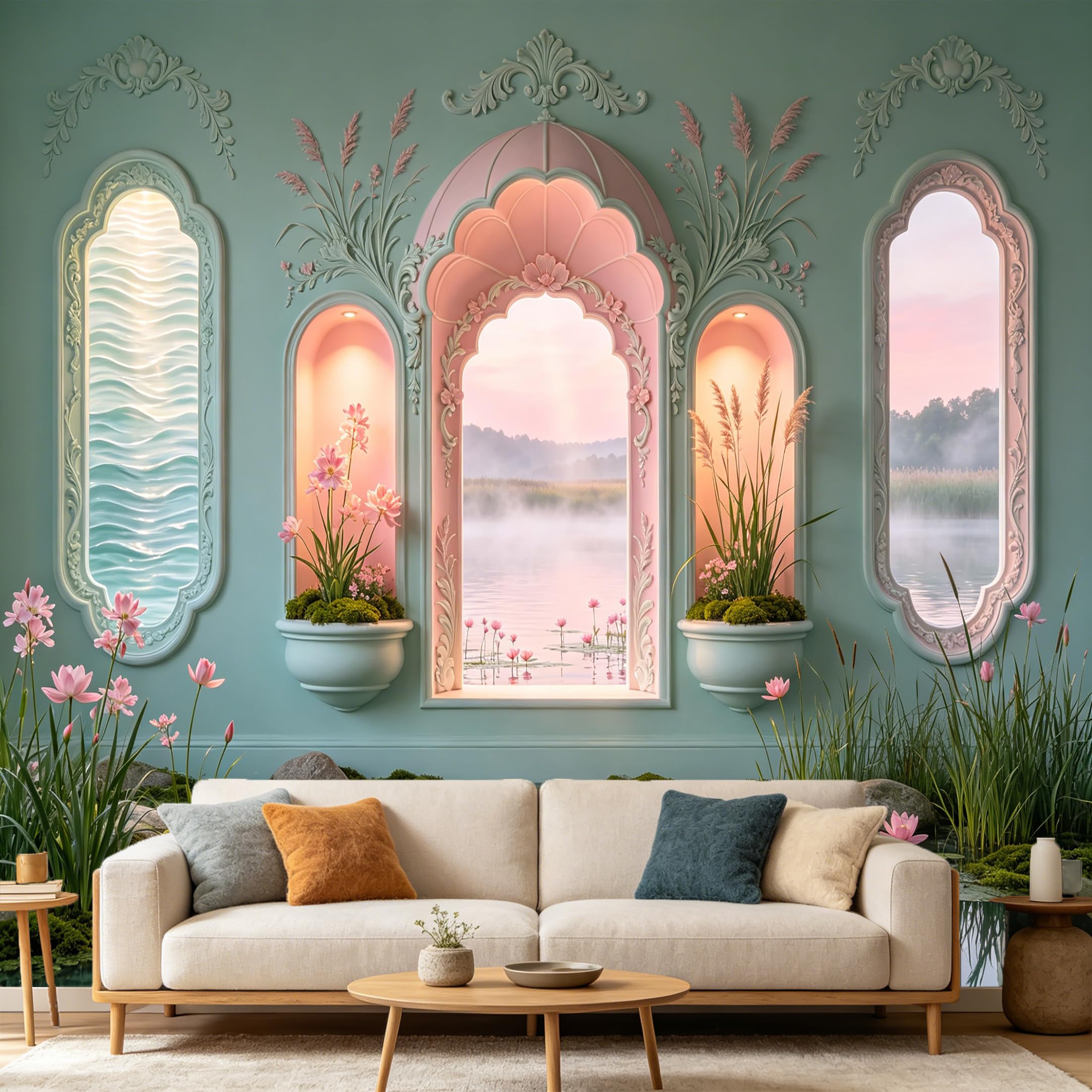 Custom Size Wall Mural， 3D Trompe L'Oeil Pink Lotus Pond Lake View Arch Window， SelfAdhesive Art Prints wall Fabric Removable Large Wallpaper Home Living Room Decor