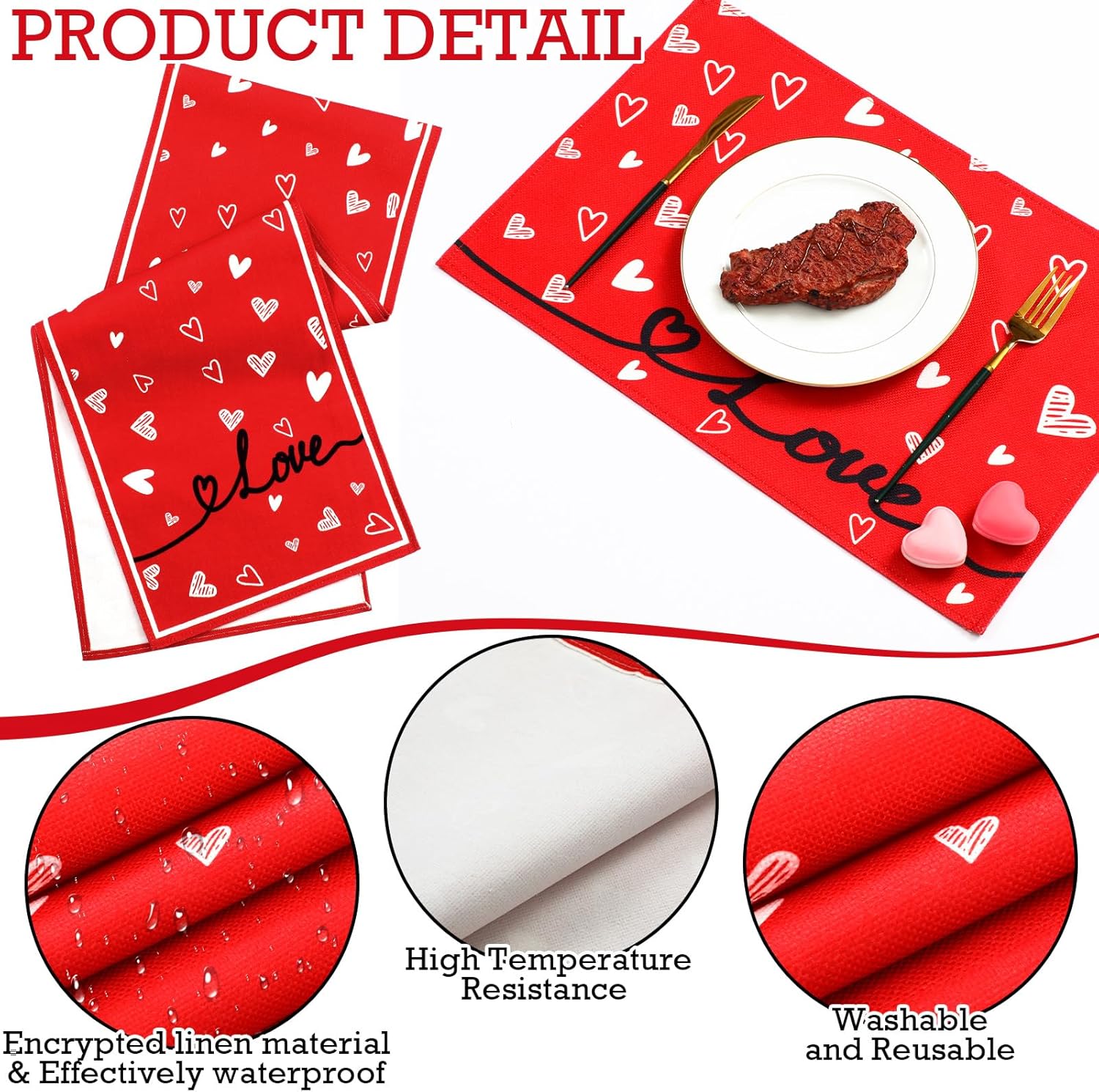 VitalCozy 7 Pcs Valentines Day Table Runner and Placemat Set 72 x 13 Inch Red Love Hearts Runner Anniversary Valentines Table Mat for Holiday Kitchen Dining Wedding Decoration