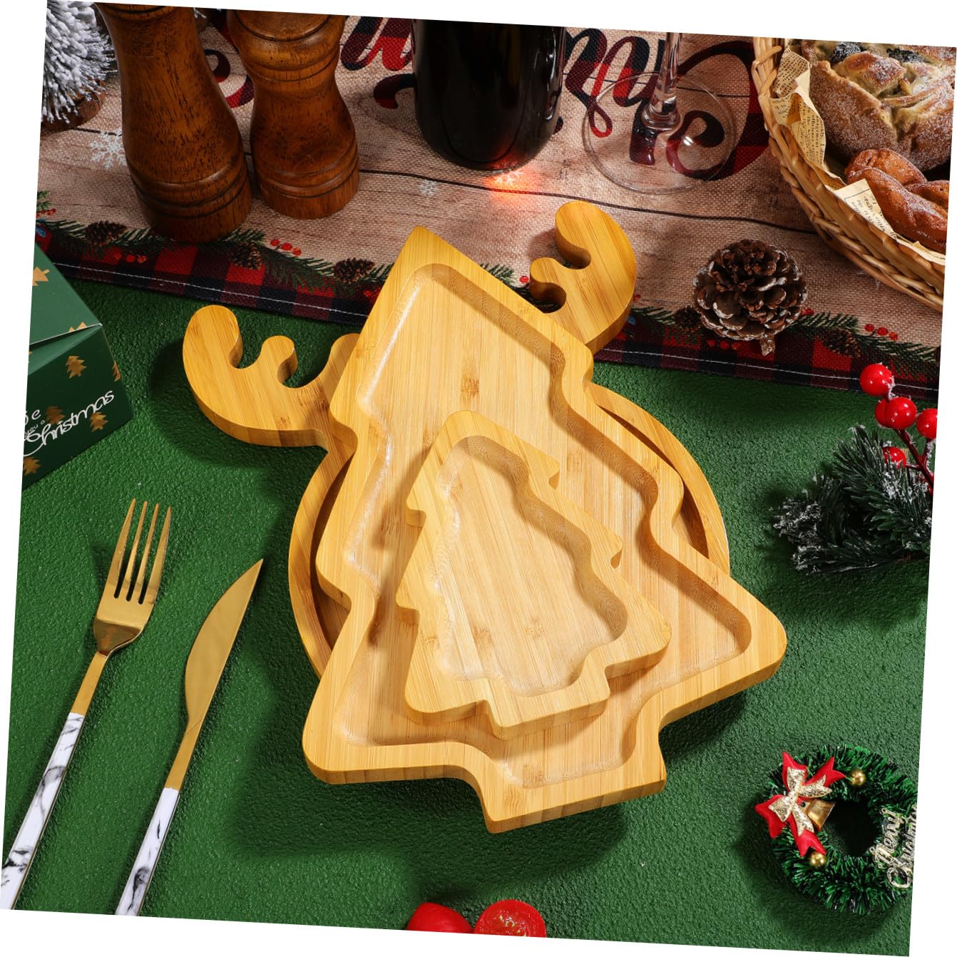 Bandeja de Postres de Madera Forma de Ciervo y Árbol de Navidad, Paquete de 3 Piezas Gran Capacidad para Restaurantes y Banquetes, sin Rebabas y Efecto Decorativo