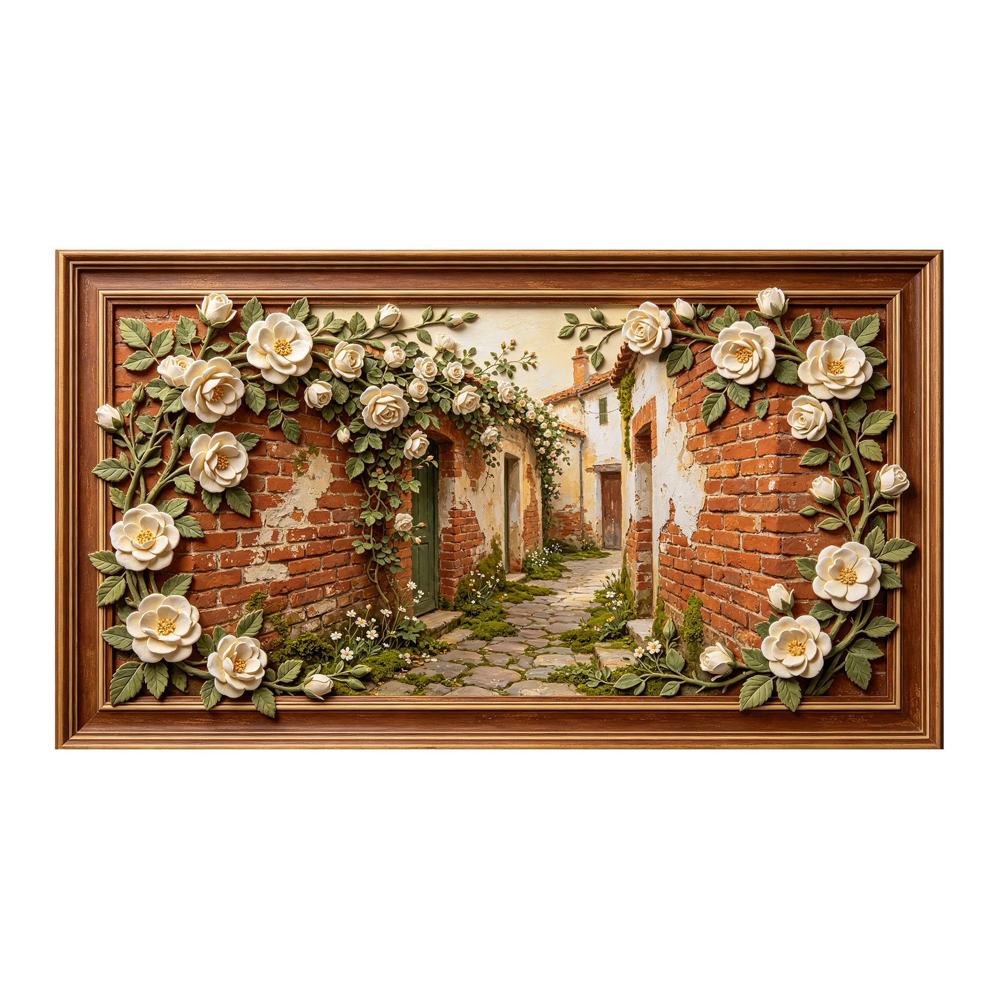 Murasolite 3D Framed Wall Art Provence Alley Floral Rustic Oil Painting SelfAdhesive Fabric Mural Wall Decor， Peel and Stick No Damage to Wall， AntiFall Safe Design for Bedroom Living Room