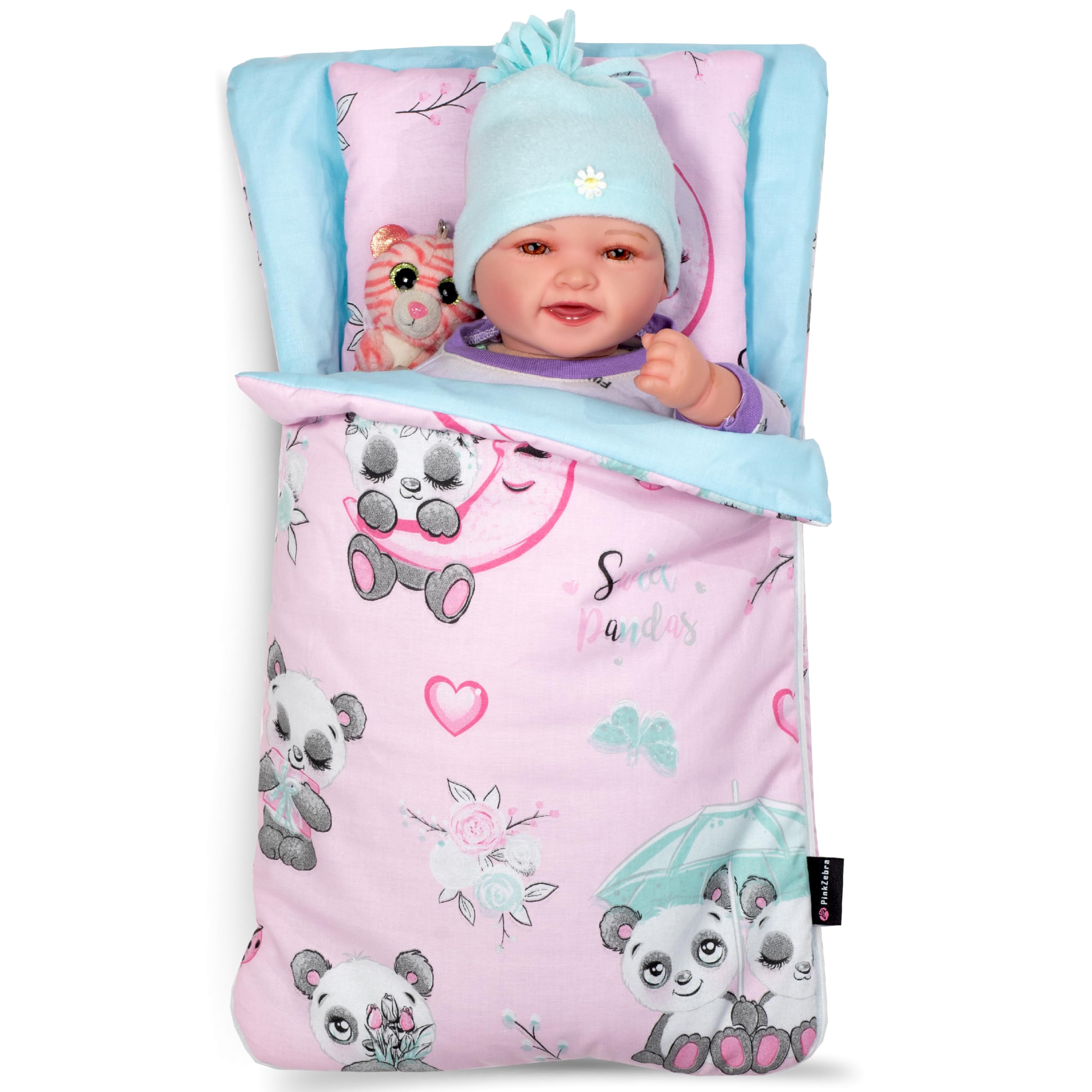 PinkZebra Klein Schlafsack beidseitig, 2-teiliges Set für kleines Bett, Bettzeug aus Baumwolle, Bettzeug mit Kissen für Mini Bett, Pandabär Rosa : 