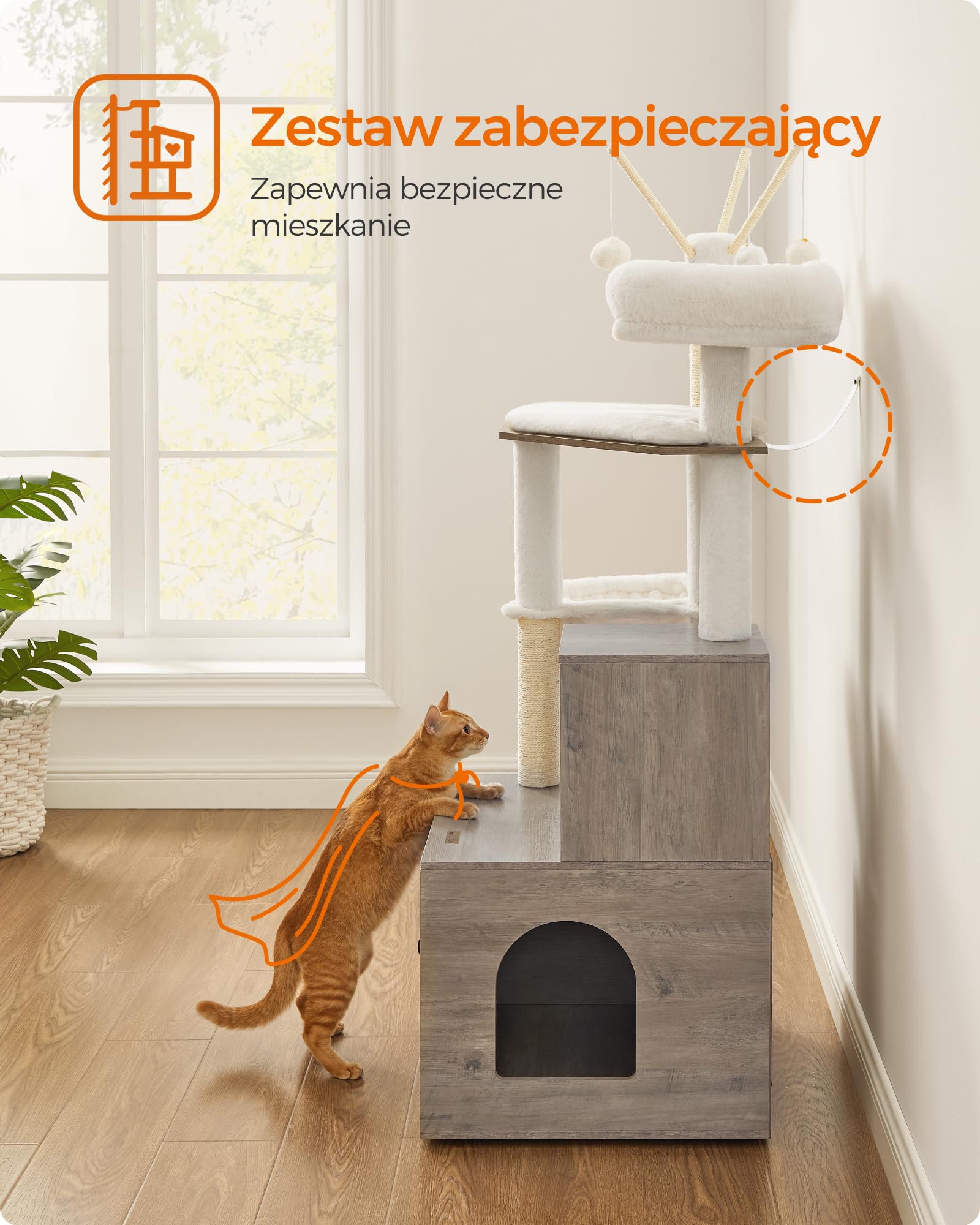 Feandrea PCT113G01 Drapak z szafką dla kota, 2 w 1, szafka na kuwetę dla kota, z pniami sizalowymi, zdejmowane kulki pluszowe, szarobeżowy, 151 cm wysokości