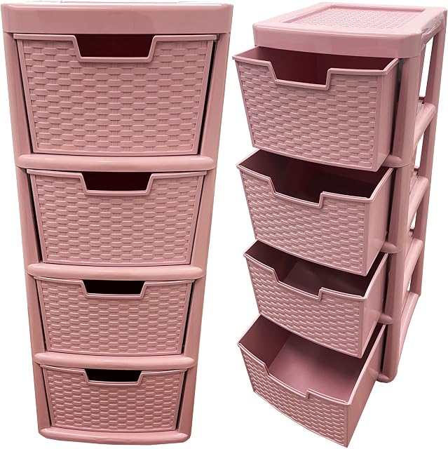 Large Pink Rattan 4 Drawer Plastic Storage Modular Tower Unit Home, Schools, Offices and Children's Toys Storage Solution (1)