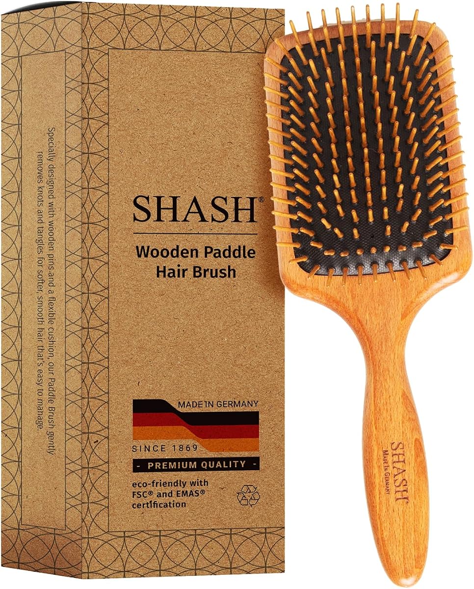 Since 1869 Made in Germany Wooden Paddle Brush - Gently Detangles, Styles, Conditions Hair with Minimal Frizz and Breakage - Safe for All Hair Types, Wet or Dry - Eco-Sourced Wood