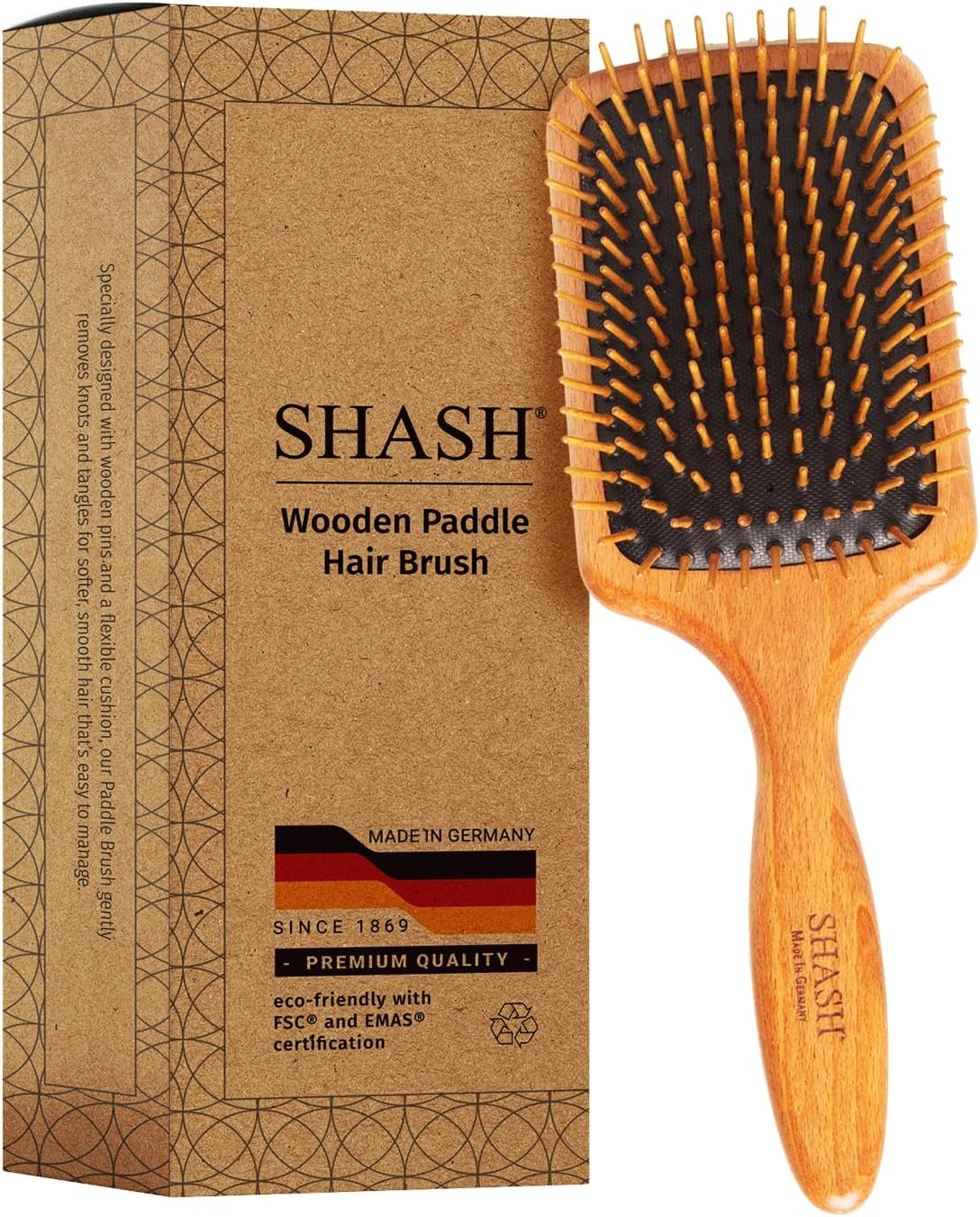 Since 1869 Made in Germany Wooden Paddle Brush - Gently Detangles, Styles, Conditions Hair with Minimal Frizz and Breakage - Safe for All Hair Types, Wet or Dry - Eco-Sourced Wood
