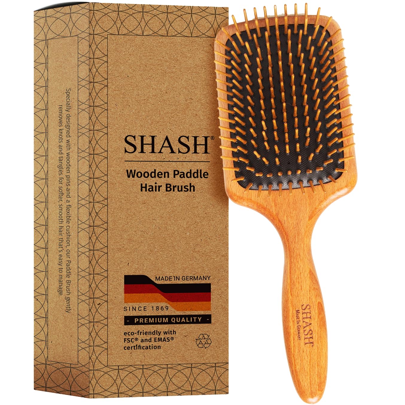 SHASH Since 1869 Made in Germany Wooden Paddle Brush - Gently Detangles, Styles, Conditions Hair with Minimal Frizz and Breakage - Safe for All Hair Types, Wet or Dry - Eco-Sourced Wood