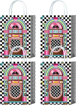Brattol 16 Pieces 50s Rock and Roll Goodie Bags for 50s Retro Rock and Roll Music Birthday Party Supplies,Disco Dance Gift Snacks Treat Candy Party Favors Bags with Handles for Kids Adults