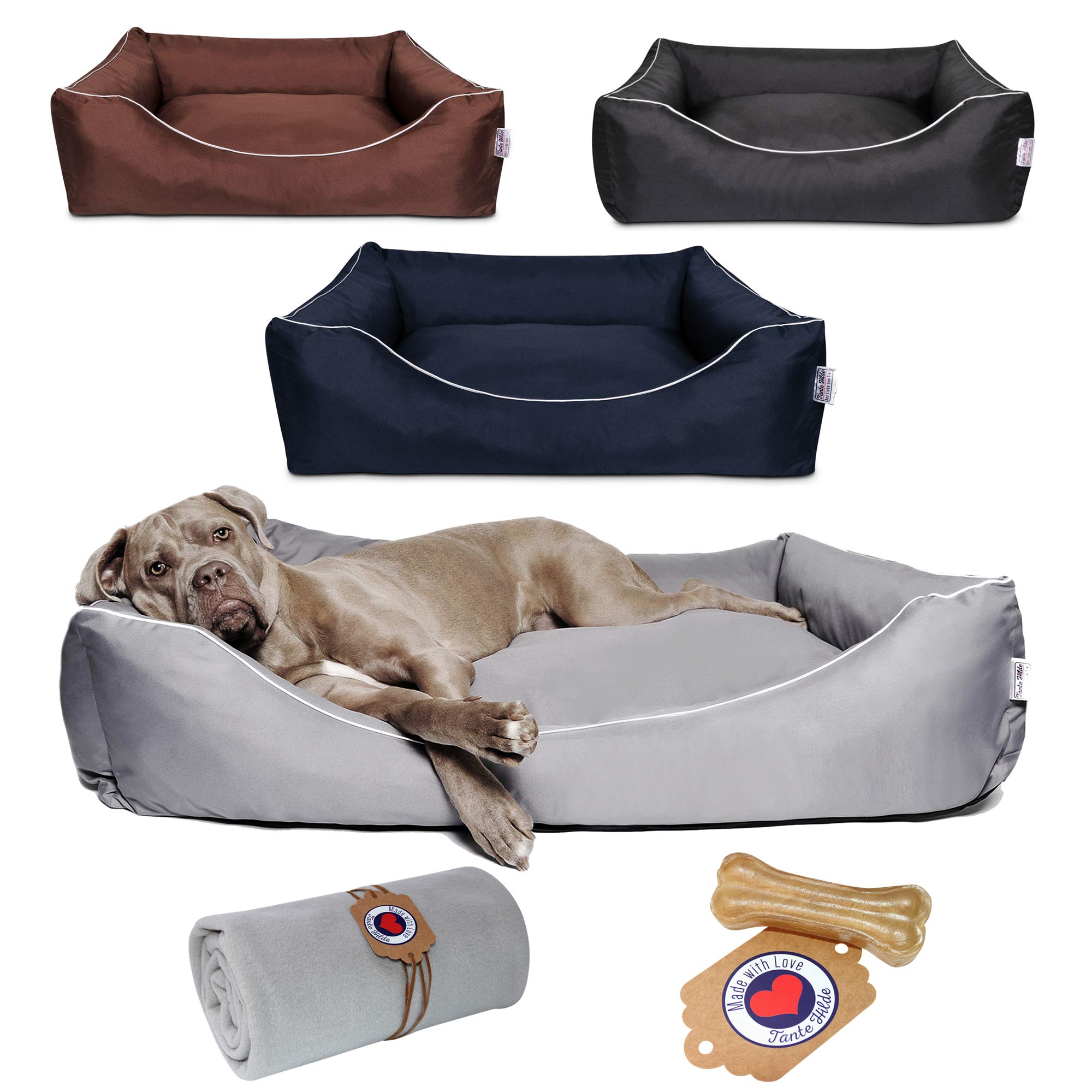 Tante Hilde Hundebett Wangerooge Set inkl. Kuscheldecke, Hundekorb, Hundekissen, Waschbar, Robust, Größenauswahl, Hochwertige Qualität! (XXL 100 x 80 cm, Set Grau z.B. Münsterländer, Retriever)