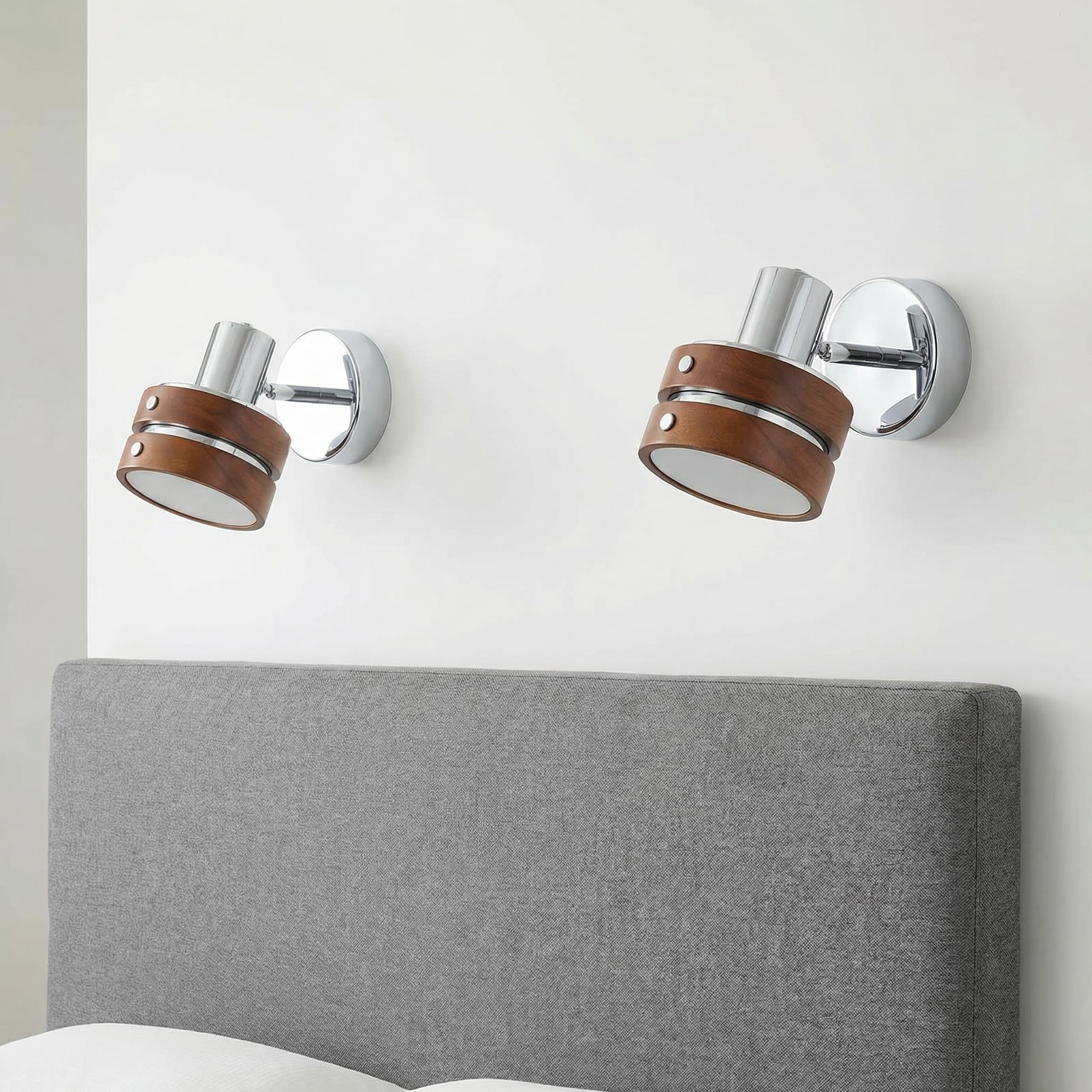 Lampada da Parete Vintage Design - Legno Naturale & Acciaio Cromato, Applique da Interno E27 Angolo Regolabile per CaCamera da Letto, Soggiorno e Home Studio (2 Paquets)