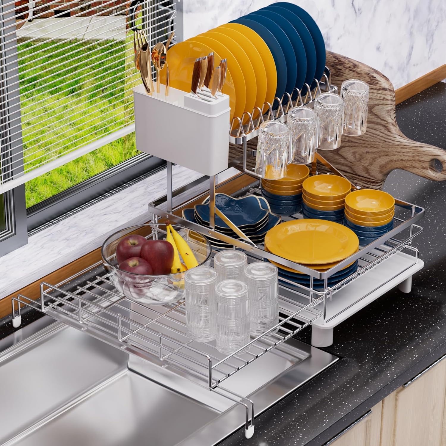 2 Tier Expandable Dish Drying Rack, Stainless Steel Dish Rack w Drainboard, Large Dish Drainer for Kitchen Counter, w Cup Holder and Cutting Board Rack
