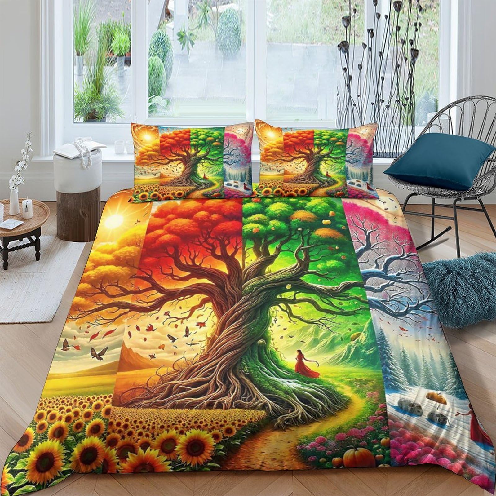 Housse de couette arbre de vie zippée et anti-plis en microfibre douce pour lit double