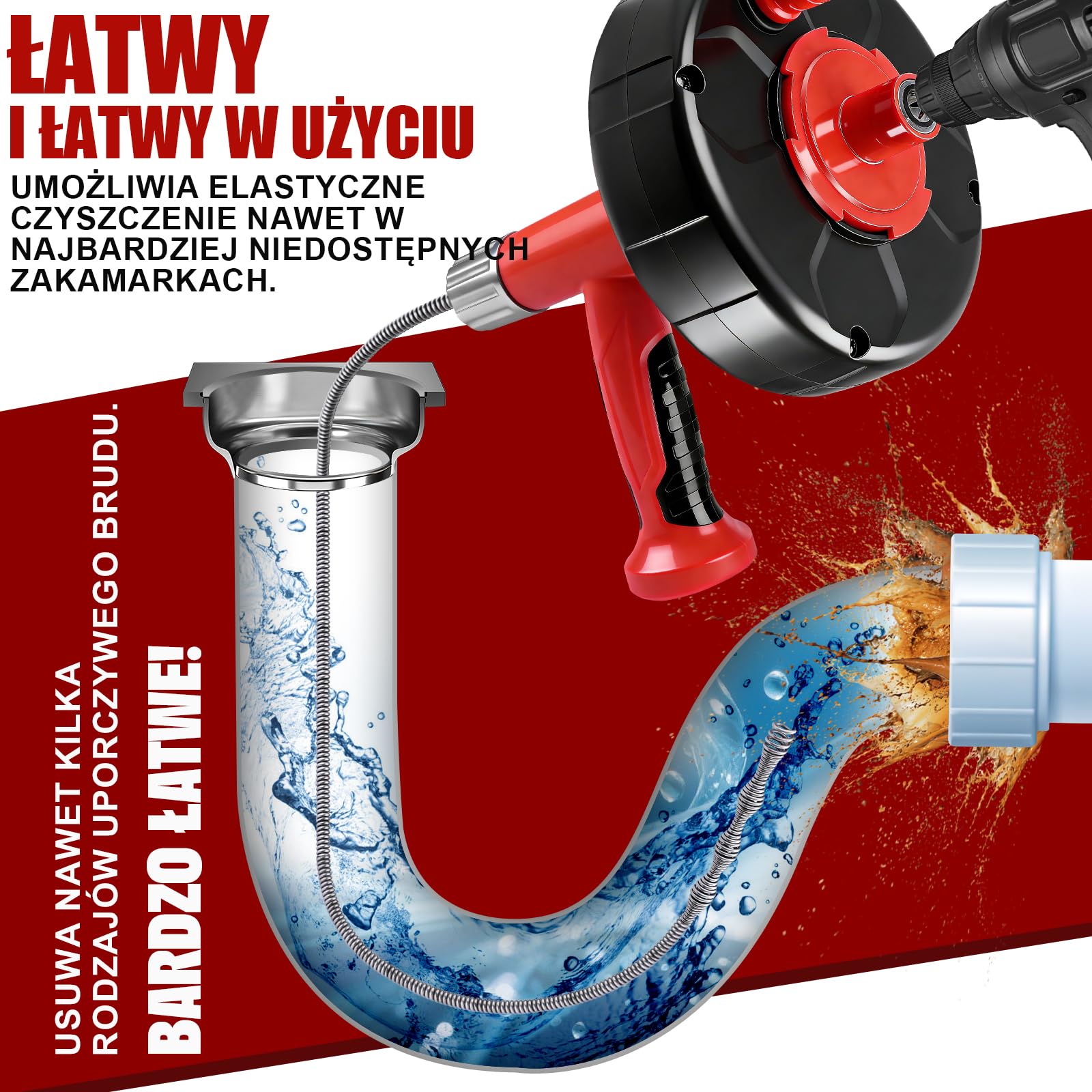 XIIW spirala do czyszczenia rur 9,5M | 2-in-1 ręczny/elektryczny z adapterem do wiertarki | Udrażniacz do rur – udrażnianie zatkanych odpływów w kuchni, łazienki | rękawice, okulary, torba w zestawie