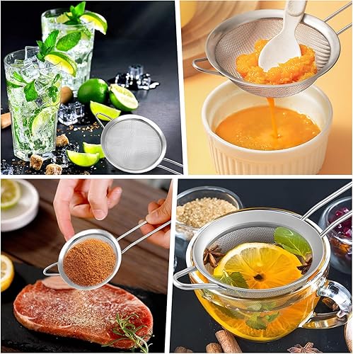 Miniatura 5 de Paquete de 2 coladores de malla fina, pequeños tamices de acero inoxidable con asas, para remojar té de hojas sueltas, colar cóctel, jugo y tamizar