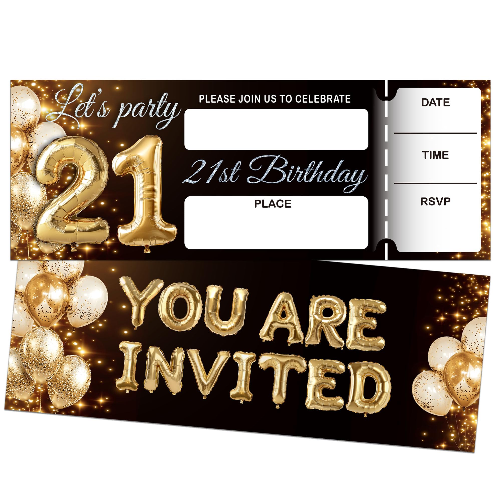 WUAWN Black Gold Balloon Birthday Invitations, 21st Birthday Party Invites For Women Men, 20 Invitations with 20 Envelopes, Party Favors Supplies