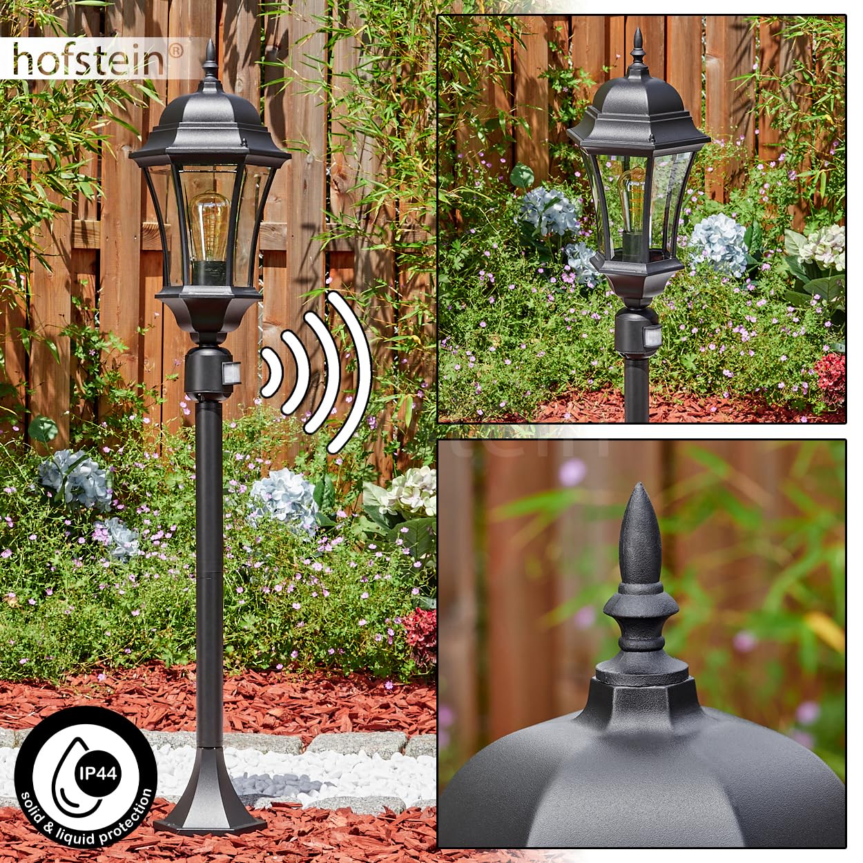 HOFSTEIN Etoe lampa drogowa zewnętrzna z czujnikiem ruchu z metalu/szkła w kolorze czarnym/przezroczystym, lampa zewnętrzna o wyglądzie antycznym, wysokość 116 cm, oświetlenie ogrodowe IP44, 1 x E27,