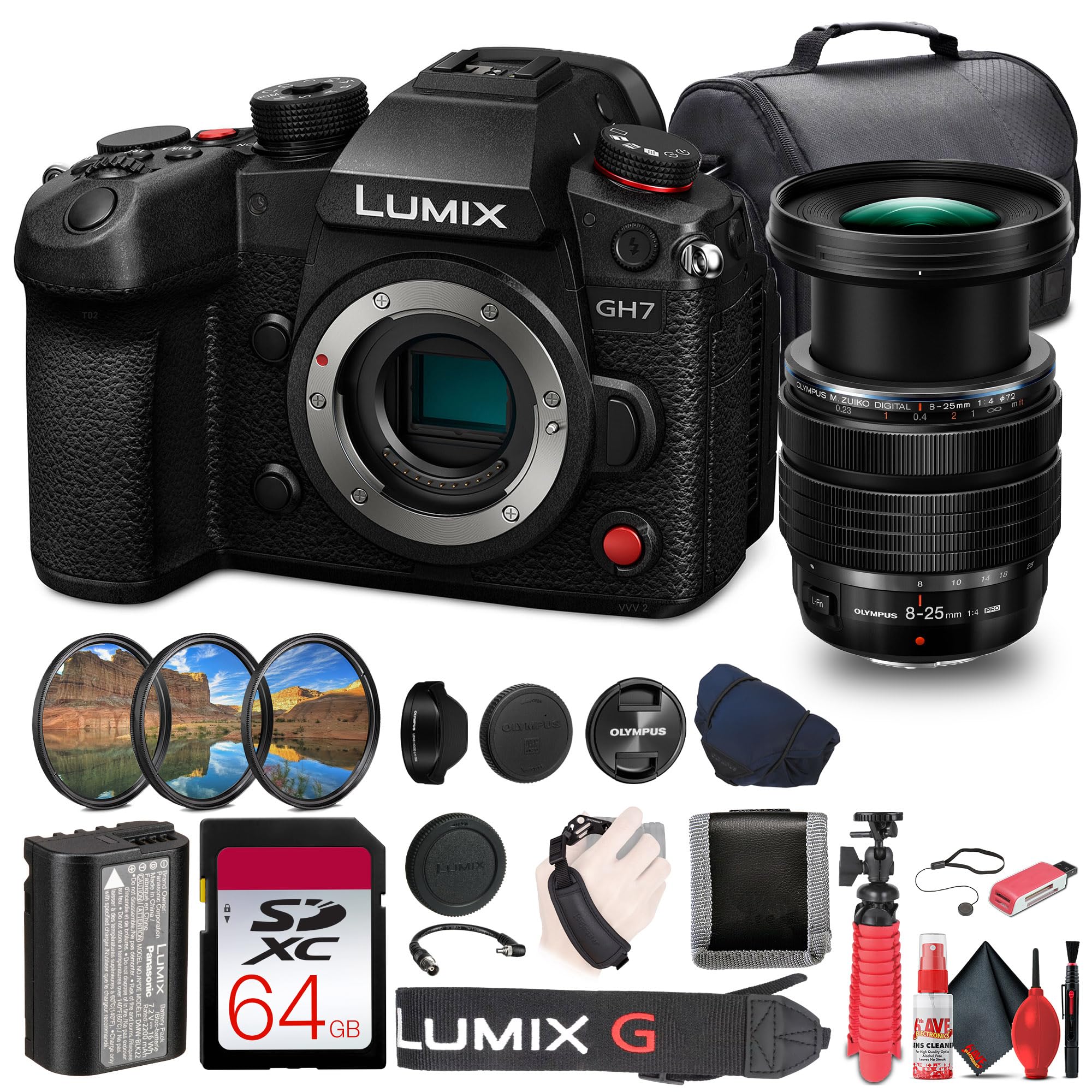 Panasonic Lumix GH7 Mirrorless Camera (DC-GH7BODY) + Olympus 8-25mm f/4 PRO Lens + 64GB Memory Card + Photo Editing Software+ Bag + DMW-BLK22 Battery