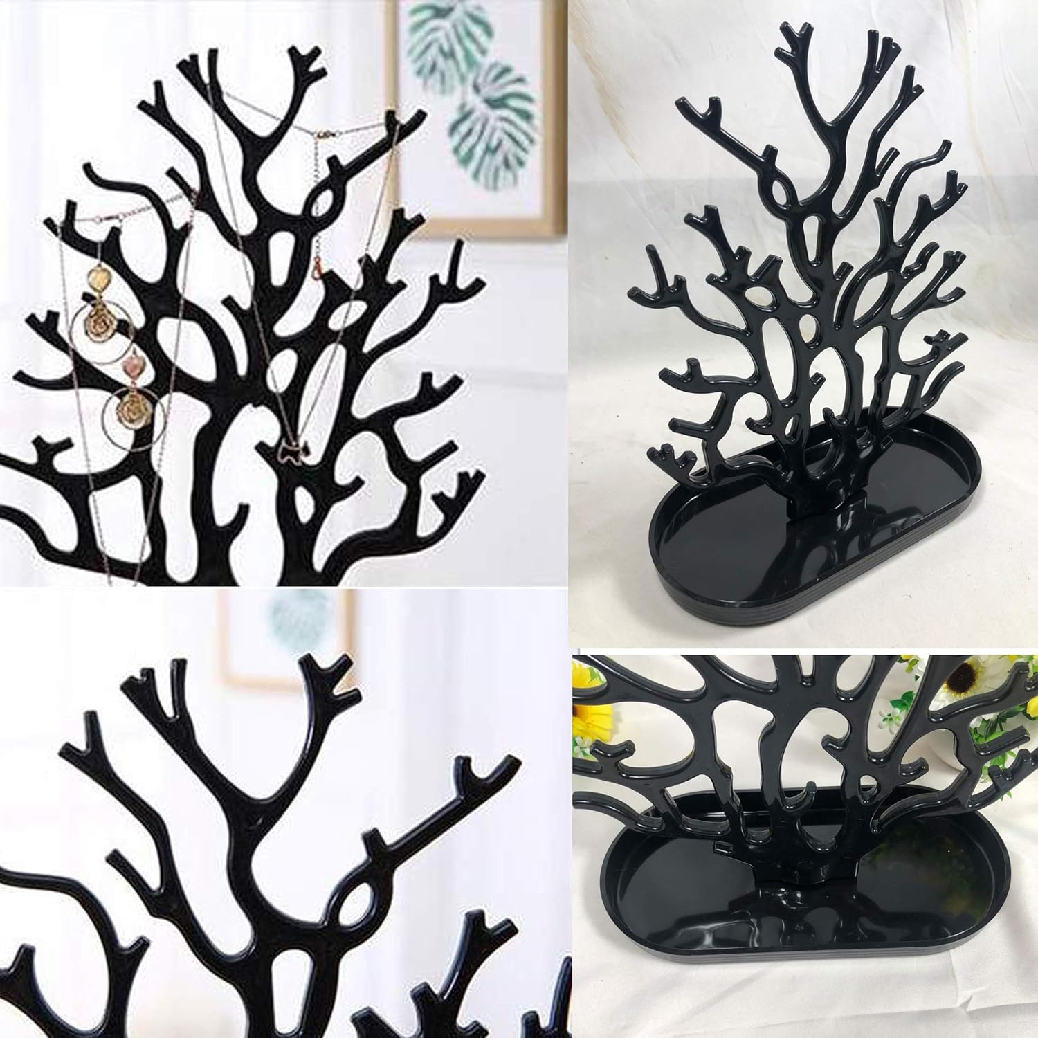 NewFerU Coral Tree Jewelry Hanging Stand Display Table Top Necklace Bracelet Holder Earring Hanger Organizer Rack Tower with a Ring Watch Dish Tray for Women Girls (Black)