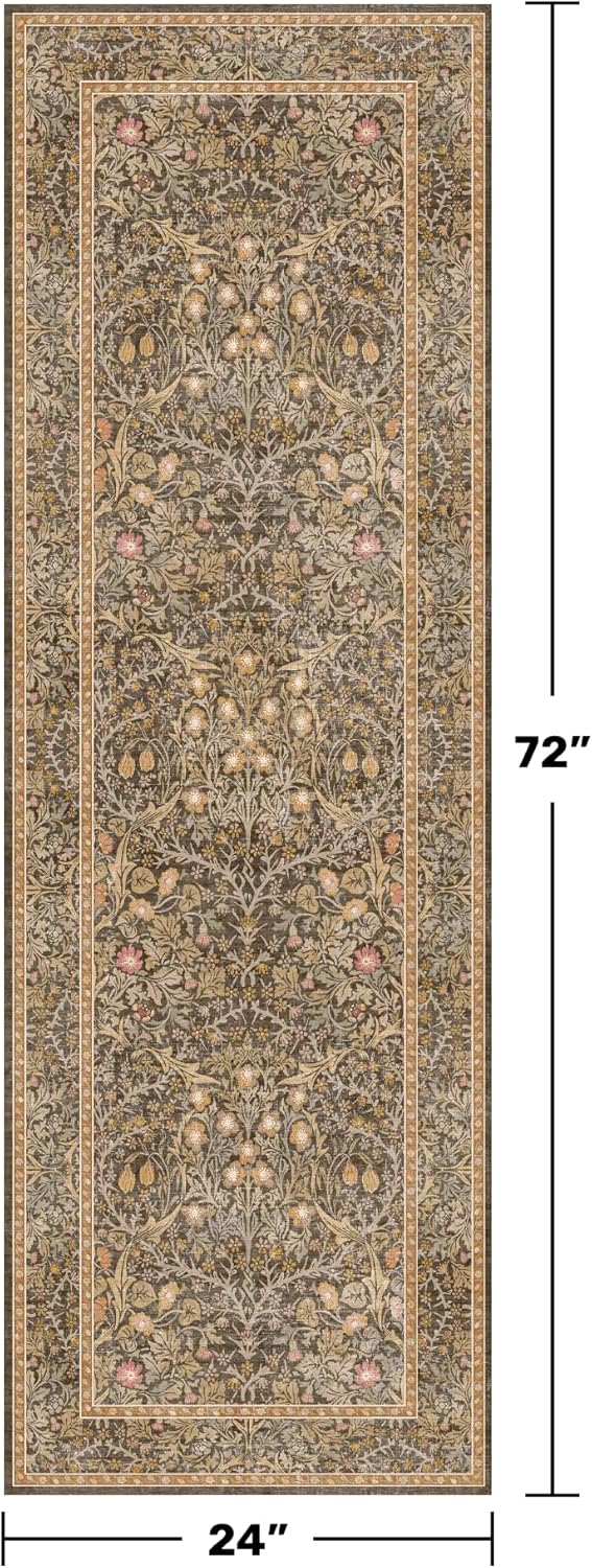 washable runner rug non slip 2x6, gold brown runner rug for kitchen, bathroom, entryway, hallway, laundry room, bedroom bedside, vintage floral stain resistant soft low pile carpet gold brown 2' x 6' (runner)