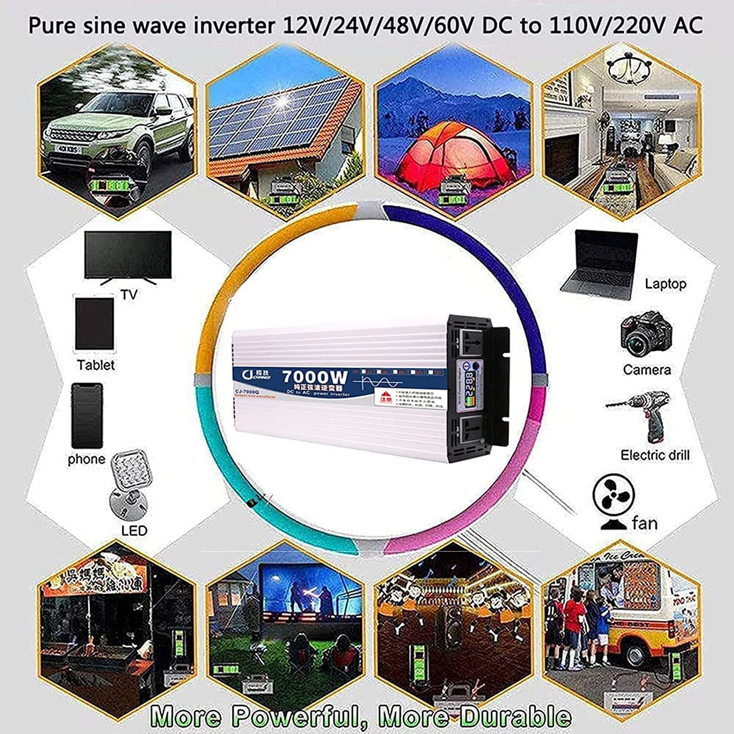 Inversor de corriente 1600W 2200W 3000W 4000W 5000W 6000W 8000W Inversor de onda sinusoidal pura DC 12V 24V 48V 60V a 230V 240V AC Convertidor de automóvil Cargador adaptador de automóvil con pantal