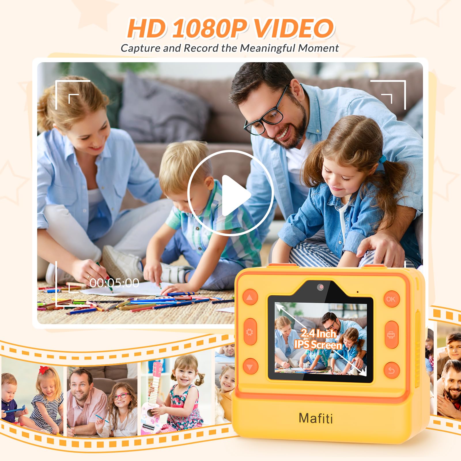 Mafiti Kids Camera Instant Print, Fotocamera istantanea 1080P per bambini, Fotocamera digitale selfie con display da