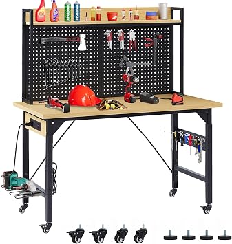 48 Adjustable Workbench with Pegboard, Heavy Duty Wooden Desktop Rolling Industrial Table with Power Outlets and Hooks, 1600 lbs Capacity Mobile Workstation for Garage Home Office Workshop