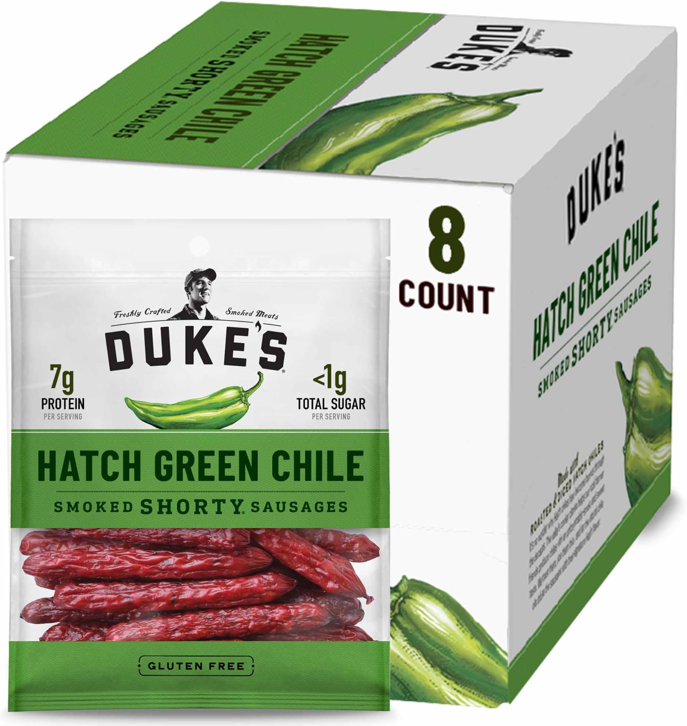 Pork Hatch Green Chile Smoked Shorty Sausages, 7g Protein Per Serving, 5 oz. (Pack of 8)