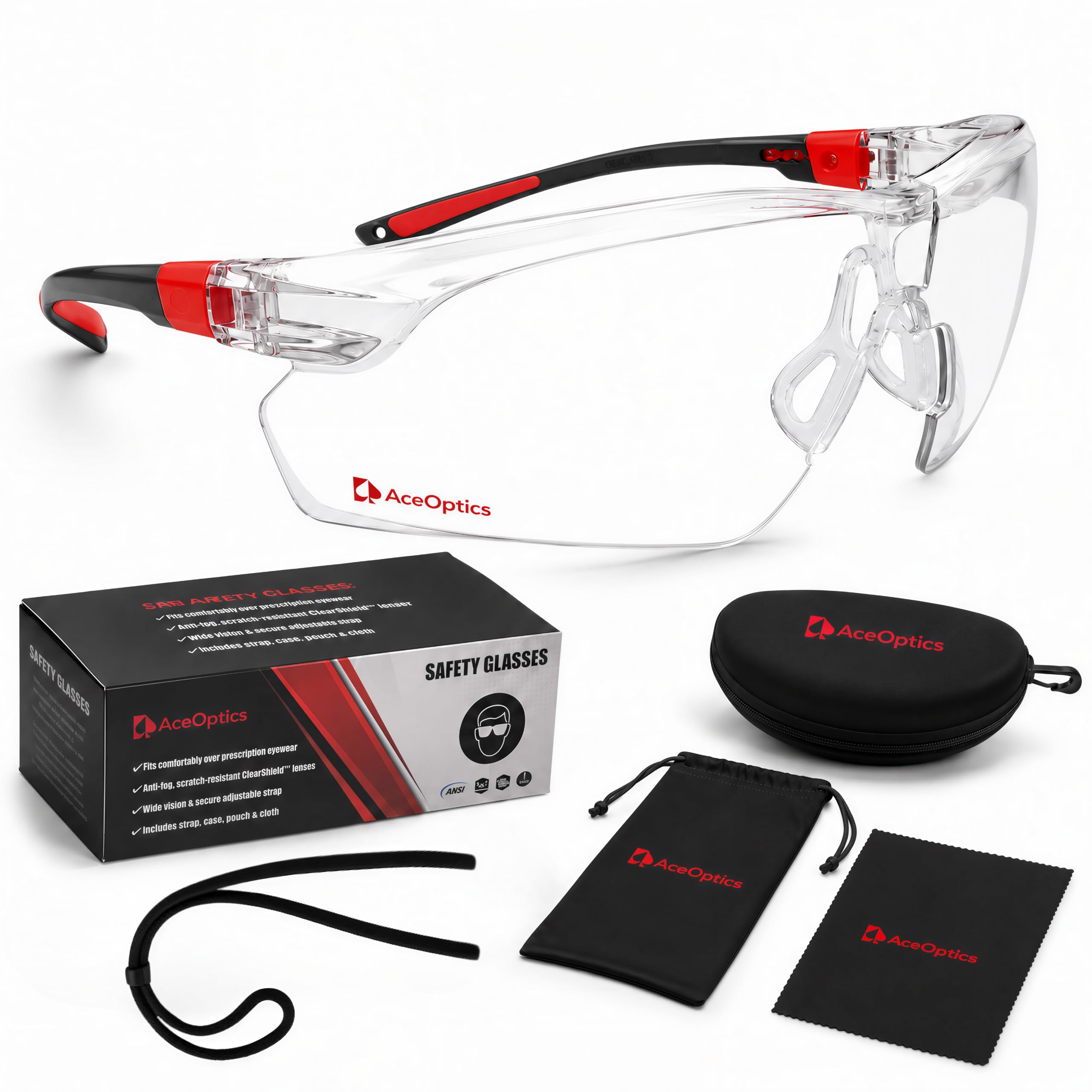 Paquete de lentes de seguridad para hombres y mujeres – ANSI Z87, lentes ClearShield antivaho – Gafas de tiro, correa, funda, paño y bolsa