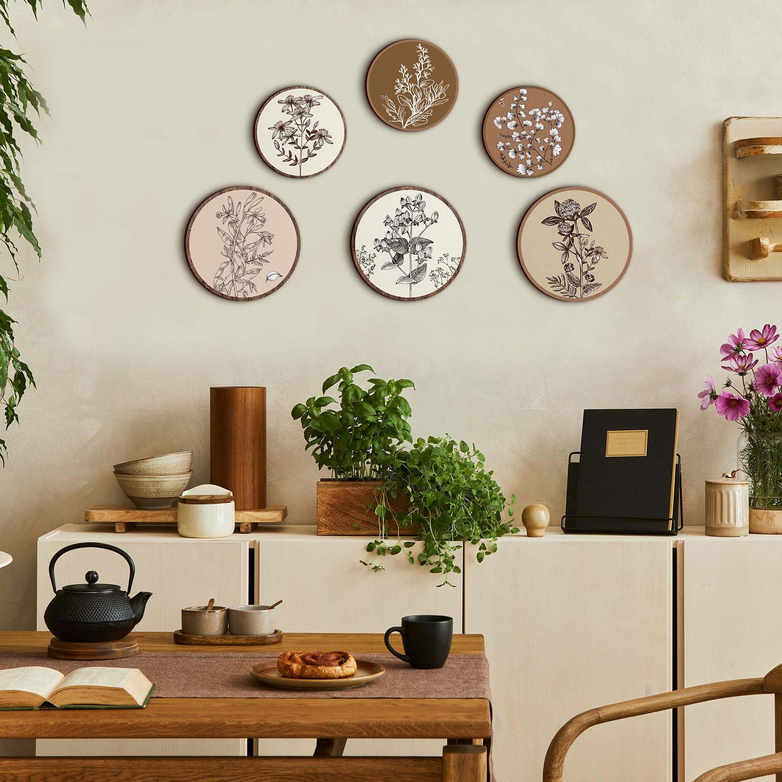 LITIVY Boho Wandkunst-Set – 4 Gerahmte Bilder, Je 7,6 X 42,9 Cm, Holzrahmen, Botanische Blumenmotive, Naturfarben
