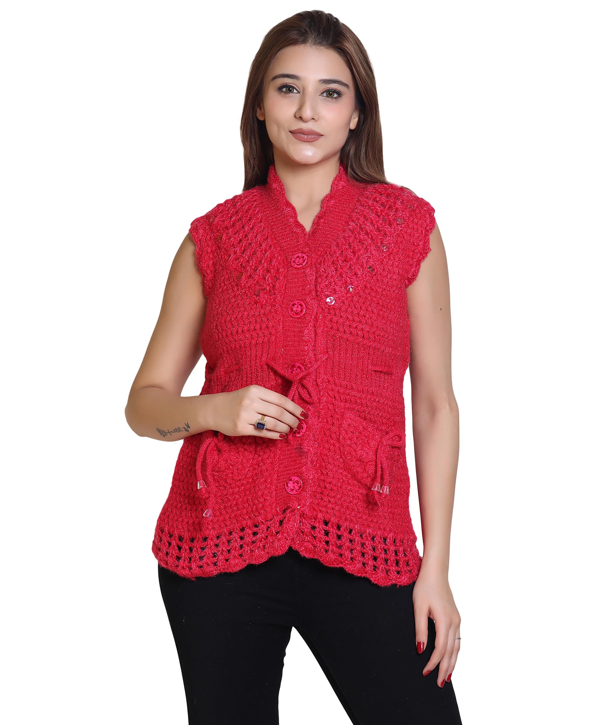 speed line hosiery Women's Woolen Sweaters, Woolen Fabric Half Sleeve Sweater Cardigan Free Size self Design for Women Light Weight Sweaters (Pack of 1)-picture-47